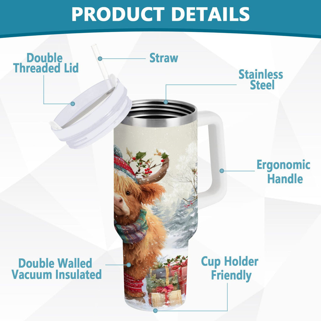 30 oz Insulated Stainless Steel Tumbler Double Wall Stainless Steel Tumbler with 2-Way Drinking Cow Wearing Christmas Hat - W546