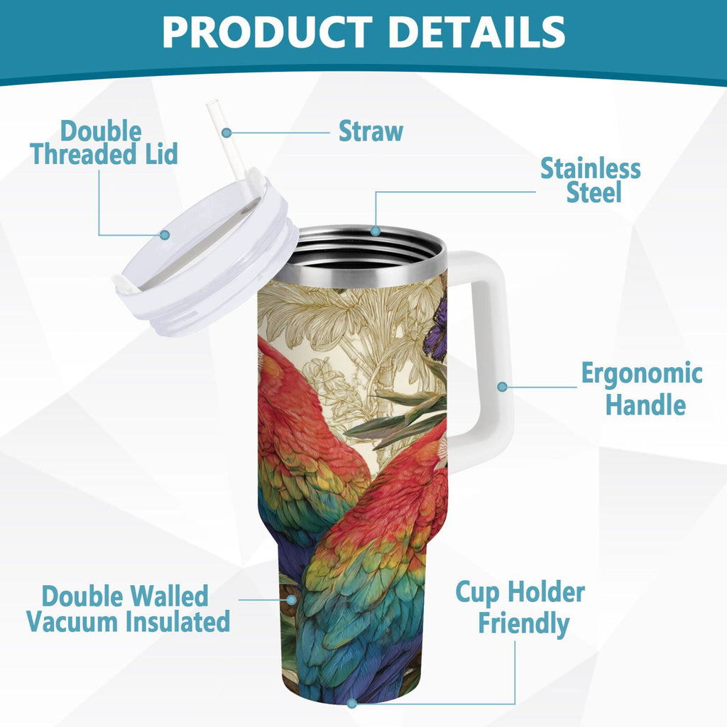 30 oz Insulated Stainless Steel Tumbler Double Wall Stainless Steel Tumbler with 2-Way Drinking Colorful Beautiful Parrots - FM7O