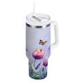 30 oz Insulated Stainless Steel Tumbler Double Wall Stainless Steel Tumbler with 2-Way Drinking Watercolor Tulips and Lavender - Q153