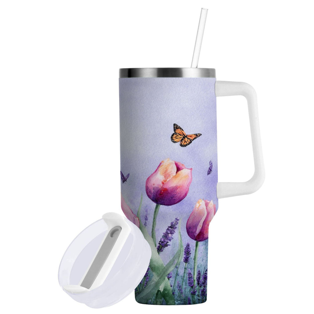 30 oz Insulated Stainless Steel Tumbler Double Wall Stainless Steel Tumbler with 2-Way Drinking Watercolor Tulips and Lavender - Q153