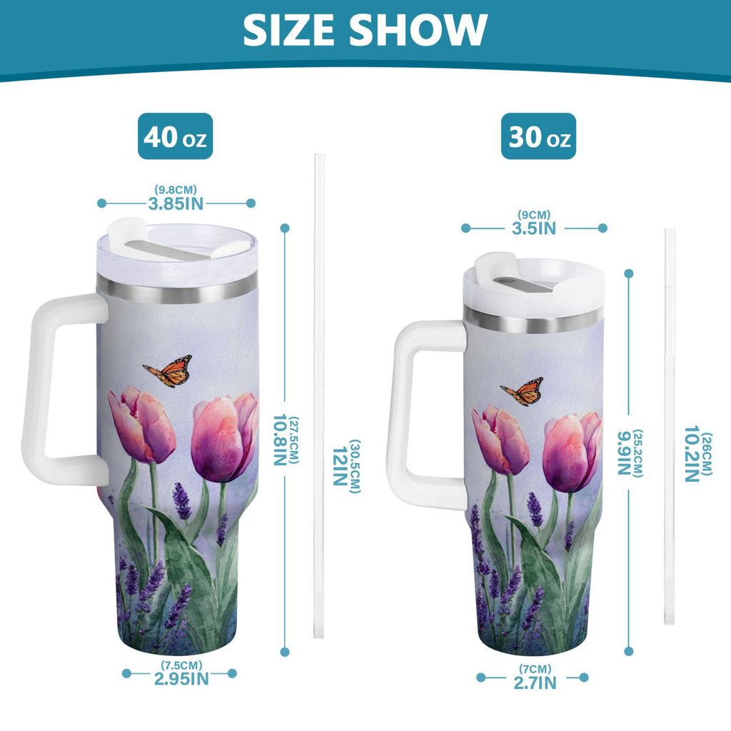 30 oz Insulated Stainless Steel Tumbler Double Wall Stainless Steel Tumbler with 2-Way Drinking Watercolor Tulips and Lavender - Q153