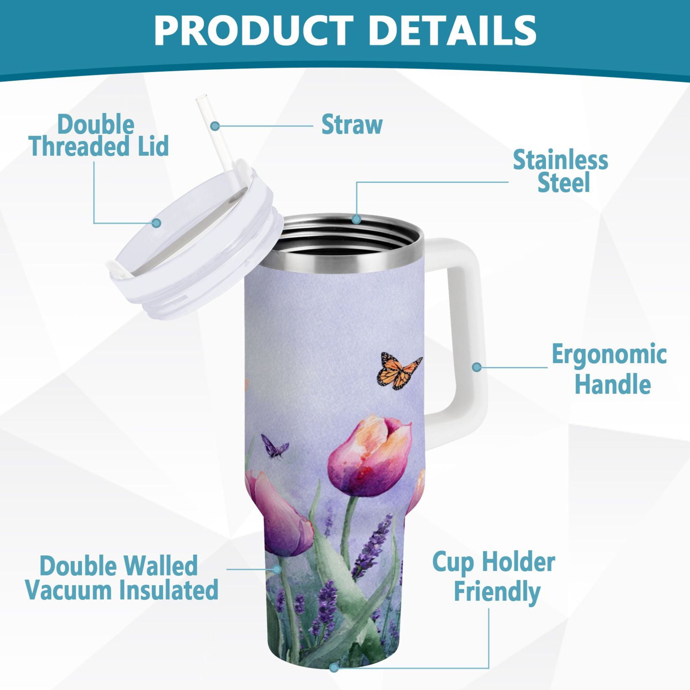 30 oz Insulated Stainless Steel Tumbler Double Wall Stainless Steel Tumbler with 2-Way Drinking Watercolor Tulips and Lavender - Q153