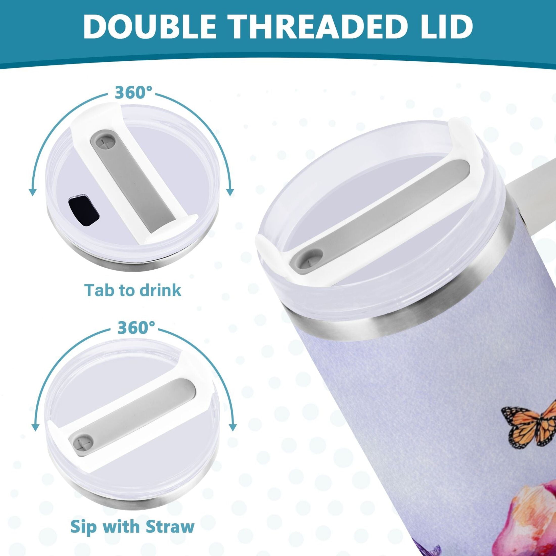 30 oz Insulated Stainless Steel Tumbler Double Wall Stainless Steel Tumbler with 2-Way Drinking Watercolor Tulips and Lavender - Q153