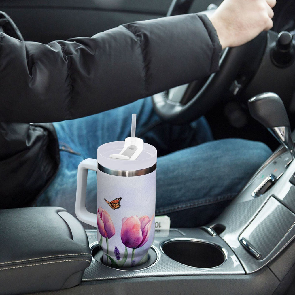 30 oz Insulated Stainless Steel Tumbler Double Wall Stainless Steel Tumbler with 2-Way Drinking Watercolor Tulips and Lavender - Q153