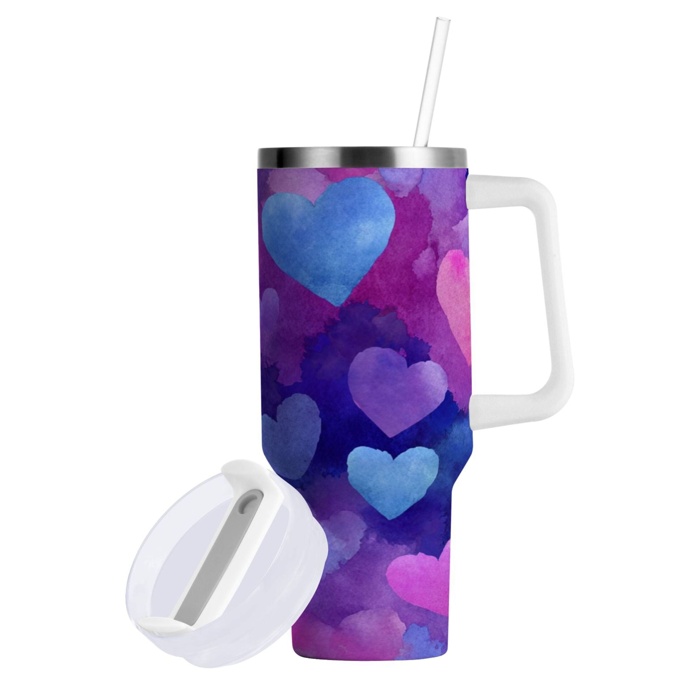 30 oz Insulated Stainless Steel Tumbler Double Wall Stainless Steel Tumbler with 2-Way Drinking Indigo and Violet Hearts - RF53
