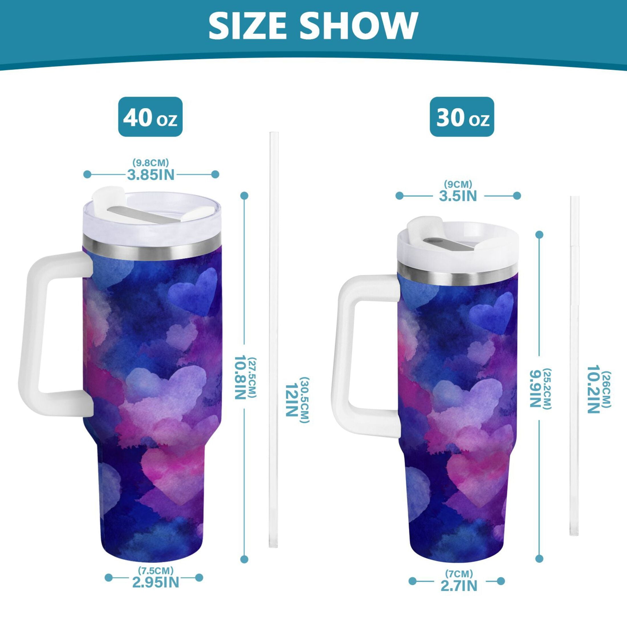 30 oz Insulated Stainless Steel Tumbler Double Wall Stainless Steel Tumbler with 2-Way Drinking Indigo and Violet Hearts - RF53