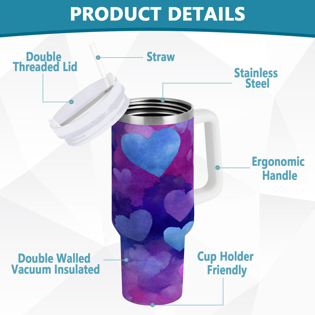 30 oz Insulated Stainless Steel Tumbler Double Wall Stainless Steel Tumbler with 2-Way Drinking Indigo and Violet Hearts - RF53