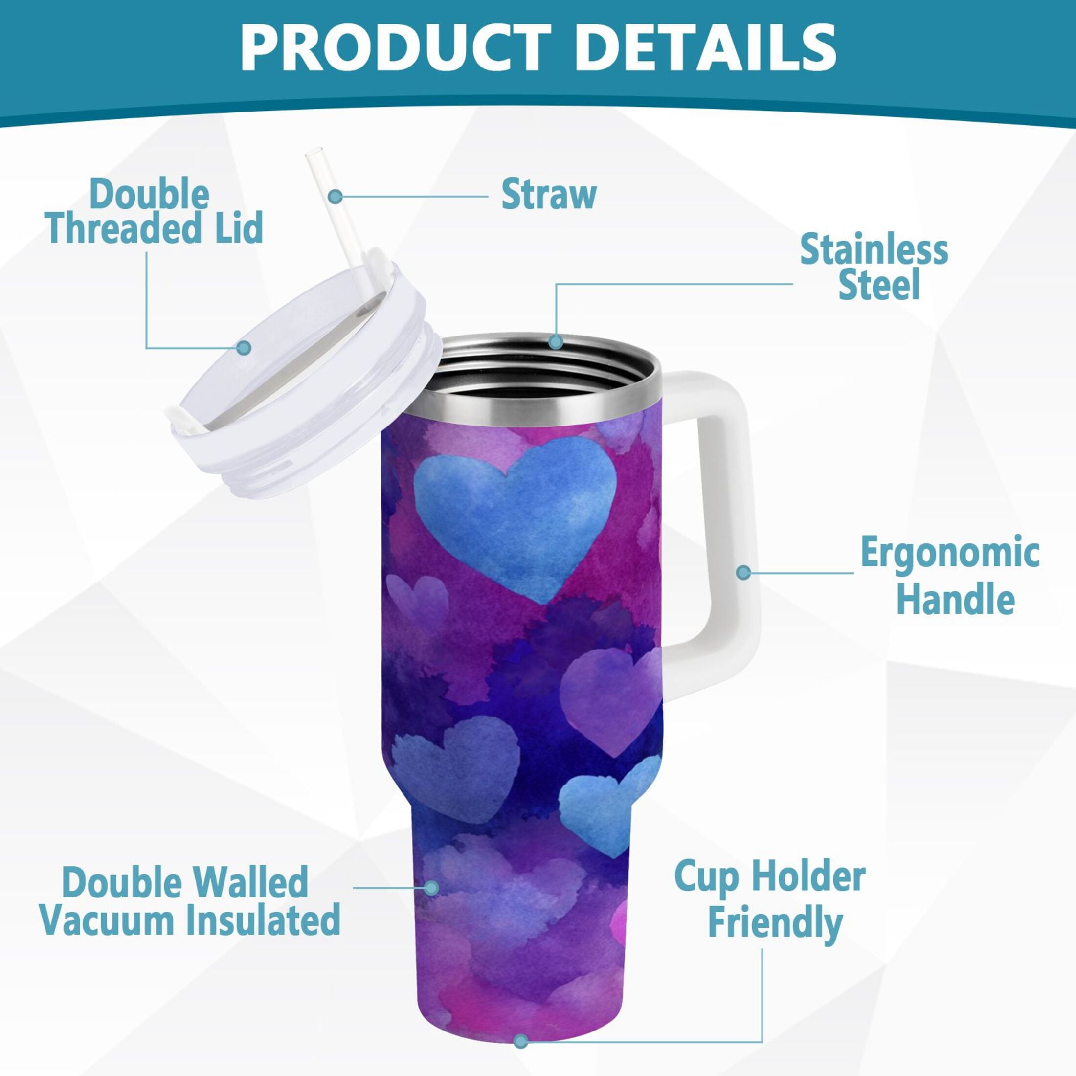 30 oz Insulated Stainless Steel Tumbler Double Wall Stainless Steel Tumbler with 2-Way Drinking Indigo and Violet Hearts - RF53