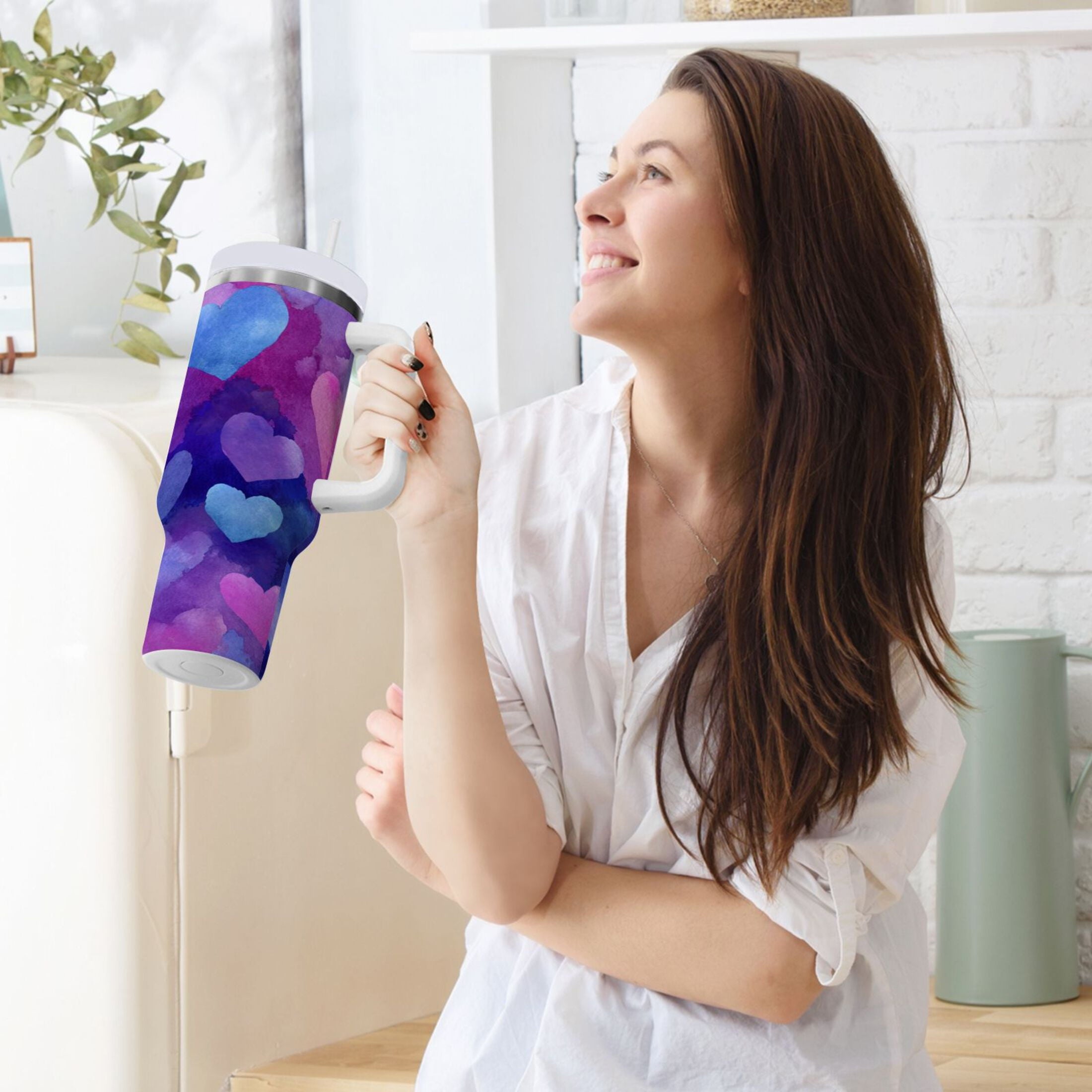 30 oz Insulated Stainless Steel Tumbler Double Wall Stainless Steel Tumbler with 2-Way Drinking Indigo and Violet Hearts - RF53