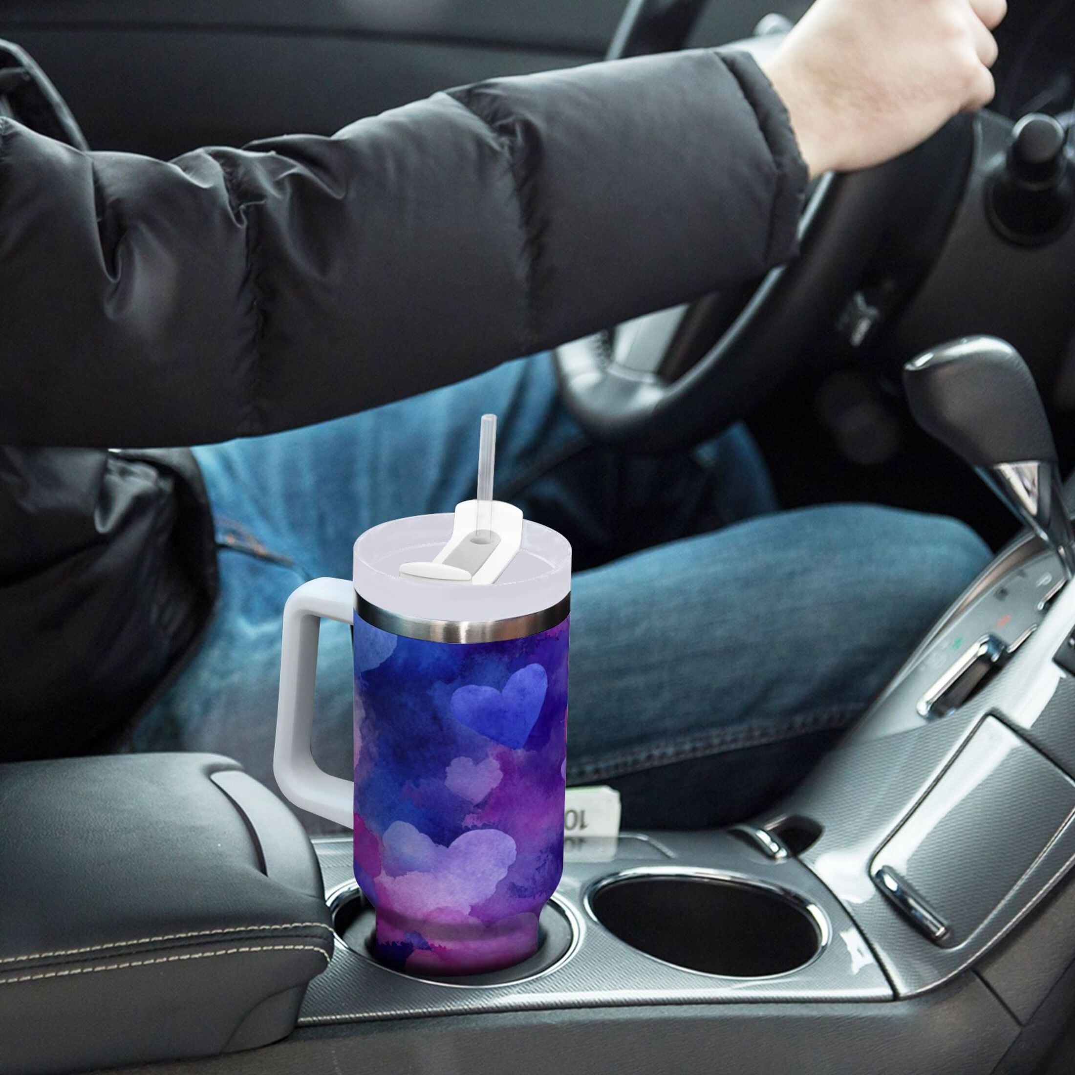 30 oz Insulated Stainless Steel Tumbler Double Wall Stainless Steel Tumbler with 2-Way Drinking Indigo and Violet Hearts - RF53