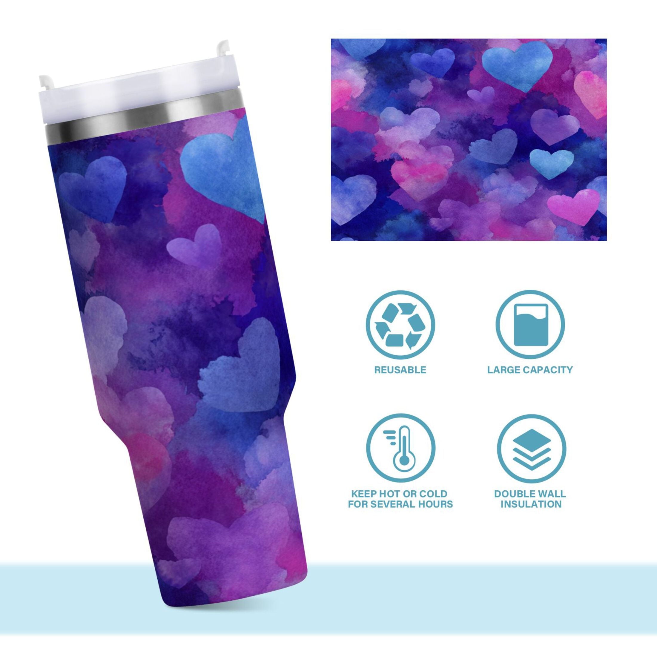 30 oz Insulated Stainless Steel Tumbler Double Wall Stainless Steel Tumbler with 2-Way Drinking Indigo and Violet Hearts - RF53
