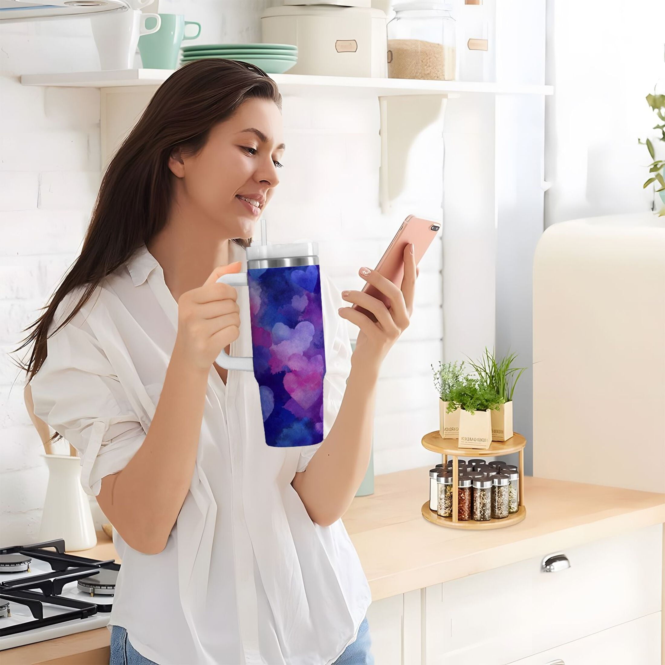 30 oz Insulated Stainless Steel Tumbler Double Wall Stainless Steel Tumbler with 2-Way Drinking Indigo and Violet Hearts - RF53