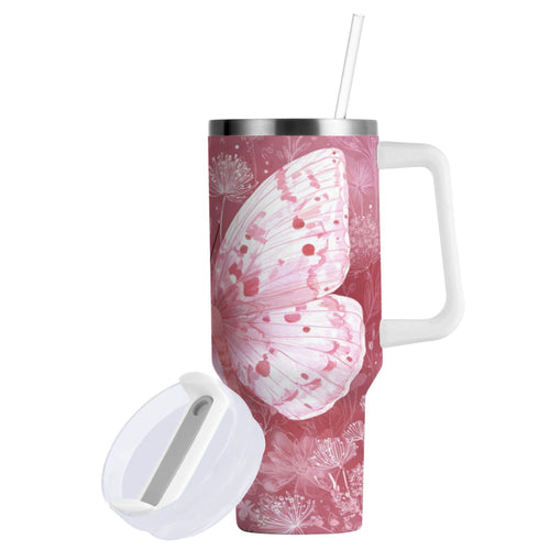 30 oz Insulated Stainless Steel Tumbler Double Wall Stainless Steel Tumbler with 2-Way Drinking Soft Pink Butterfly - 2RQD