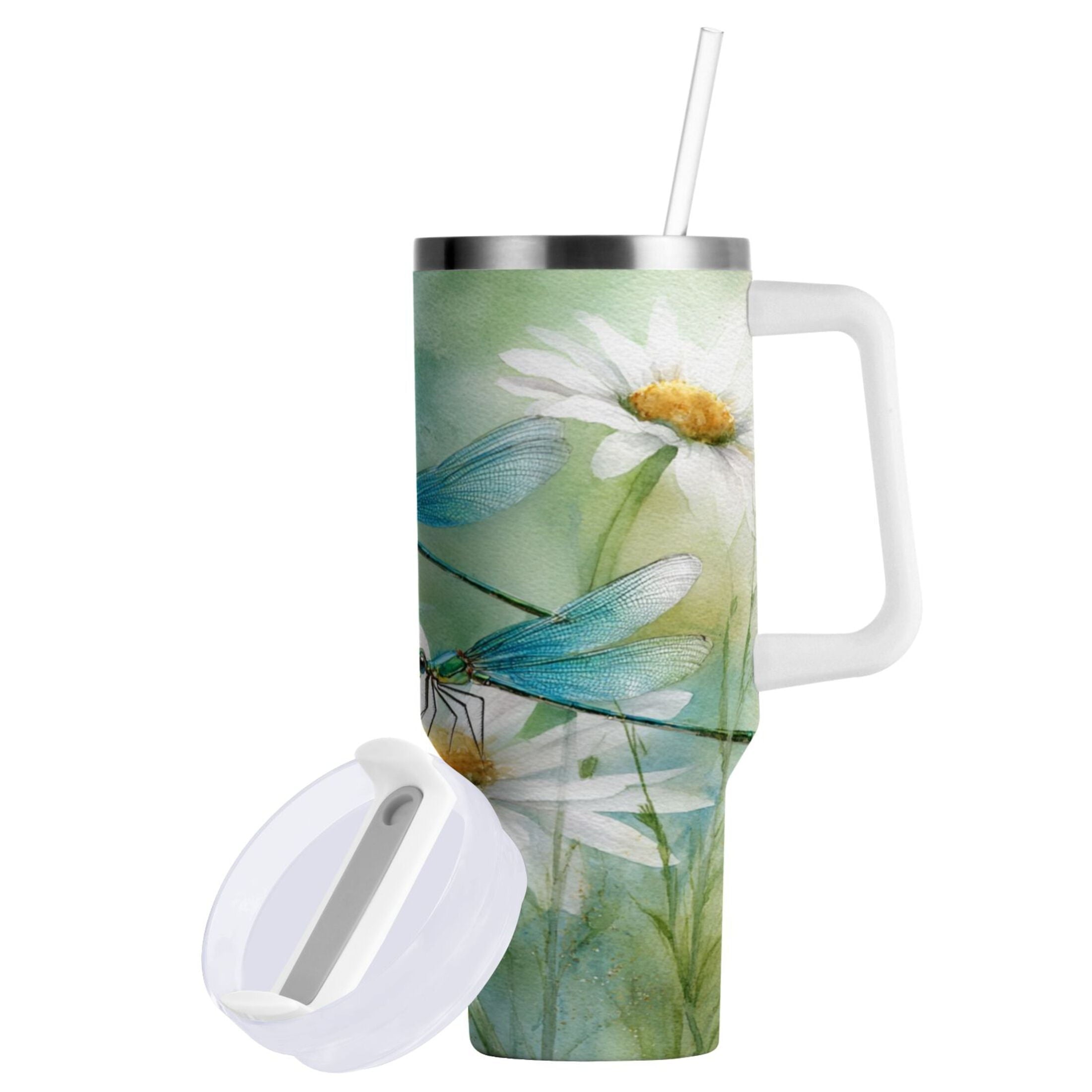 30 oz Insulated Stainless Steel Tumbler Double Wall Stainless Steel Tumbler with 2-Way Drinking Beautiful Dragonflies and Daisies - GLPX