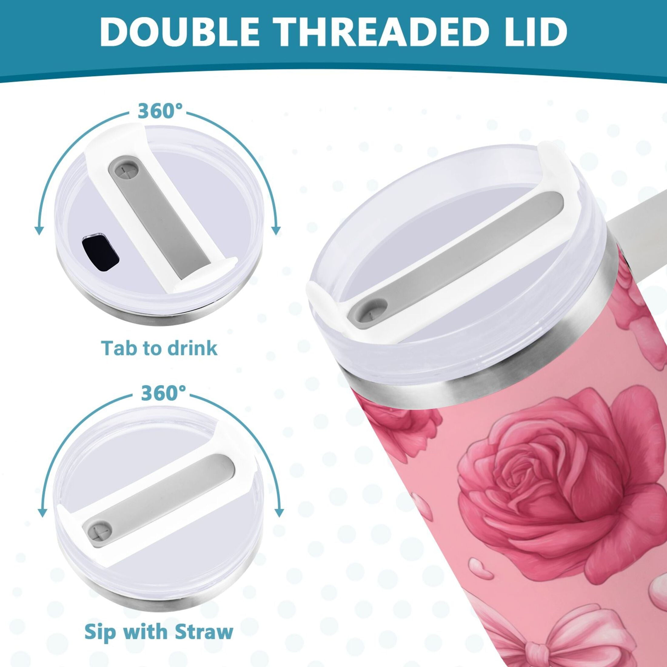 40 oz Insulated Stainless Steel Tumbler Double Wall Stainless Steel Tumbler with 2-Way Drinking Roses and Bows Pattern - EI7Q