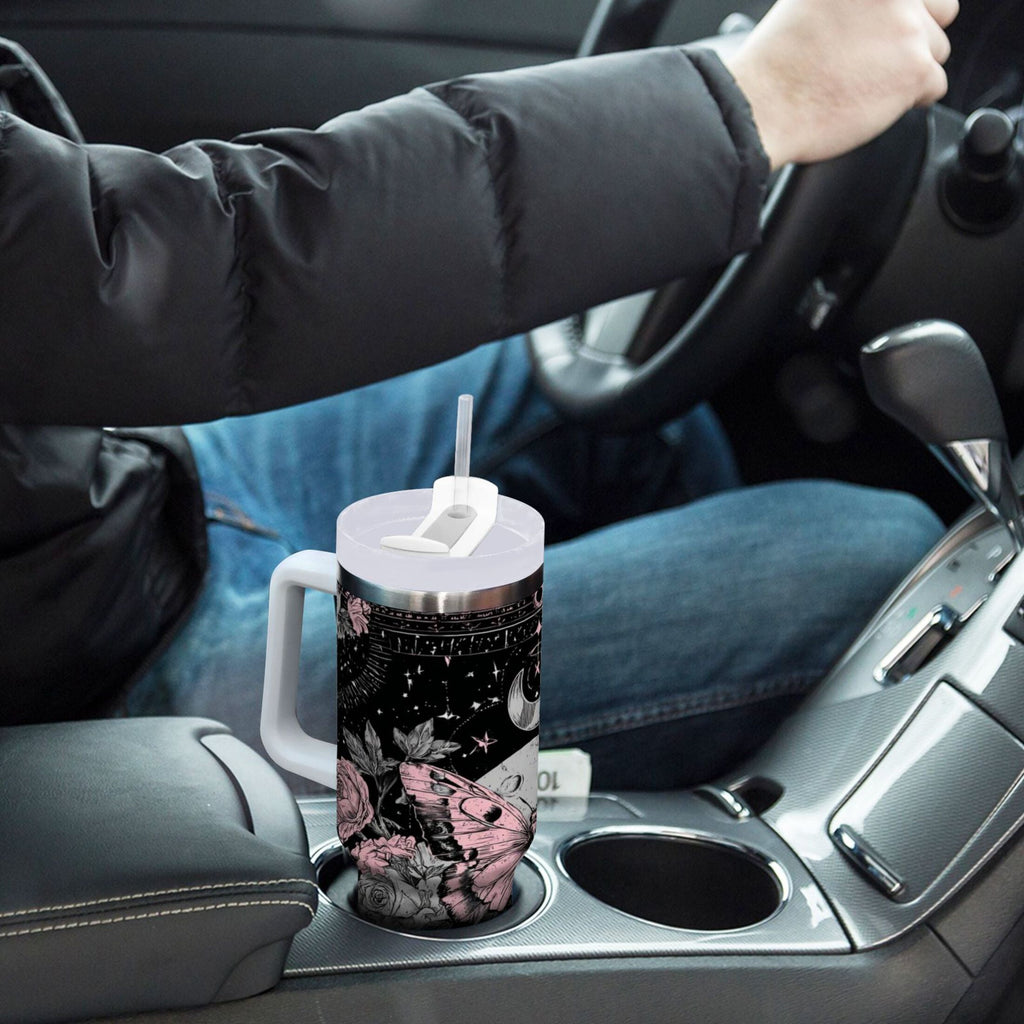 30 oz Insulated Stainless Steel Tumbler Double Wall Stainless Steel Tumbler with 2-Way Drinking Butterfly by Moon and Flowers - M043
