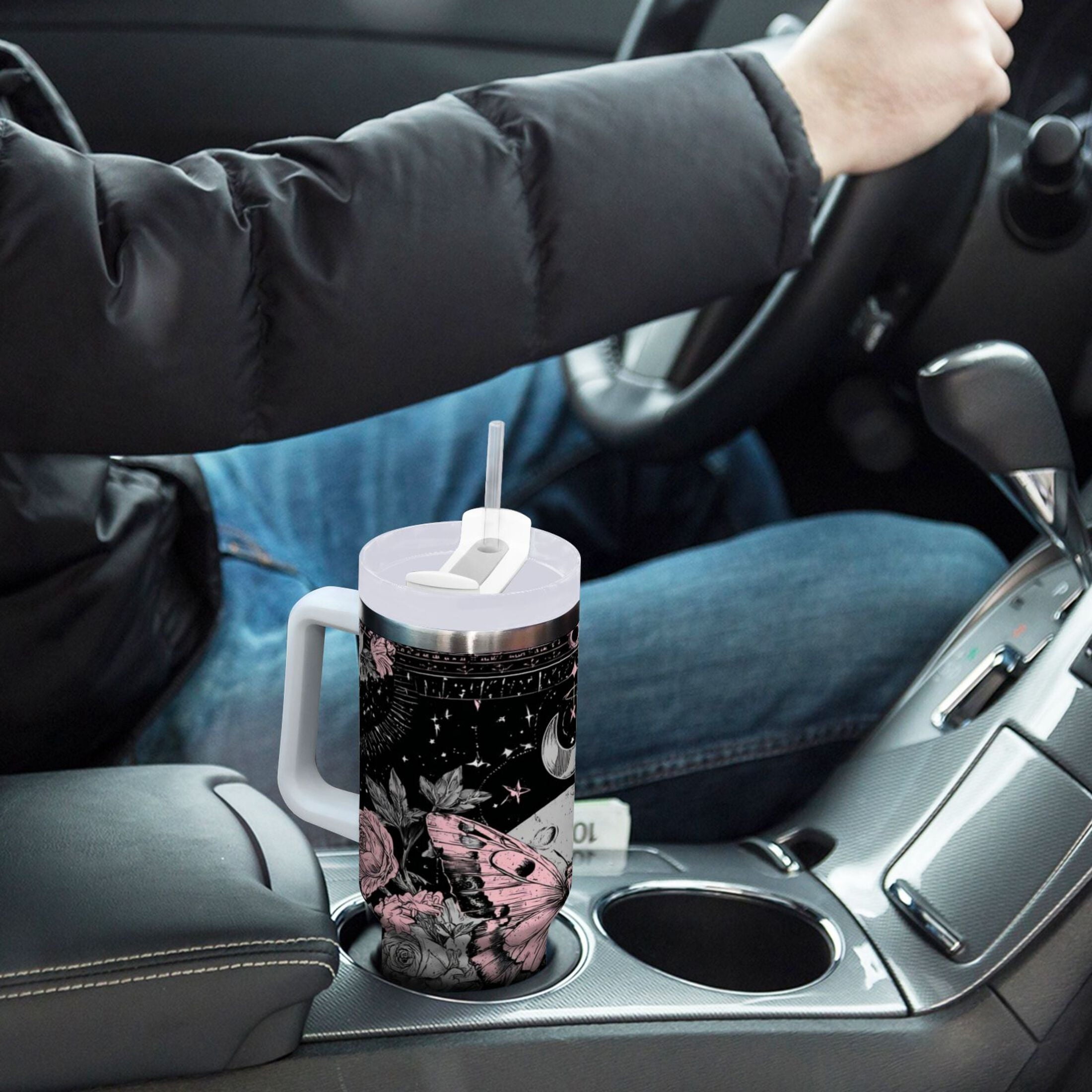 30 oz Insulated Stainless Steel Tumbler Double Wall Stainless Steel Tumbler with 2-Way Drinking Butterfly by Moon and Flowers - M043