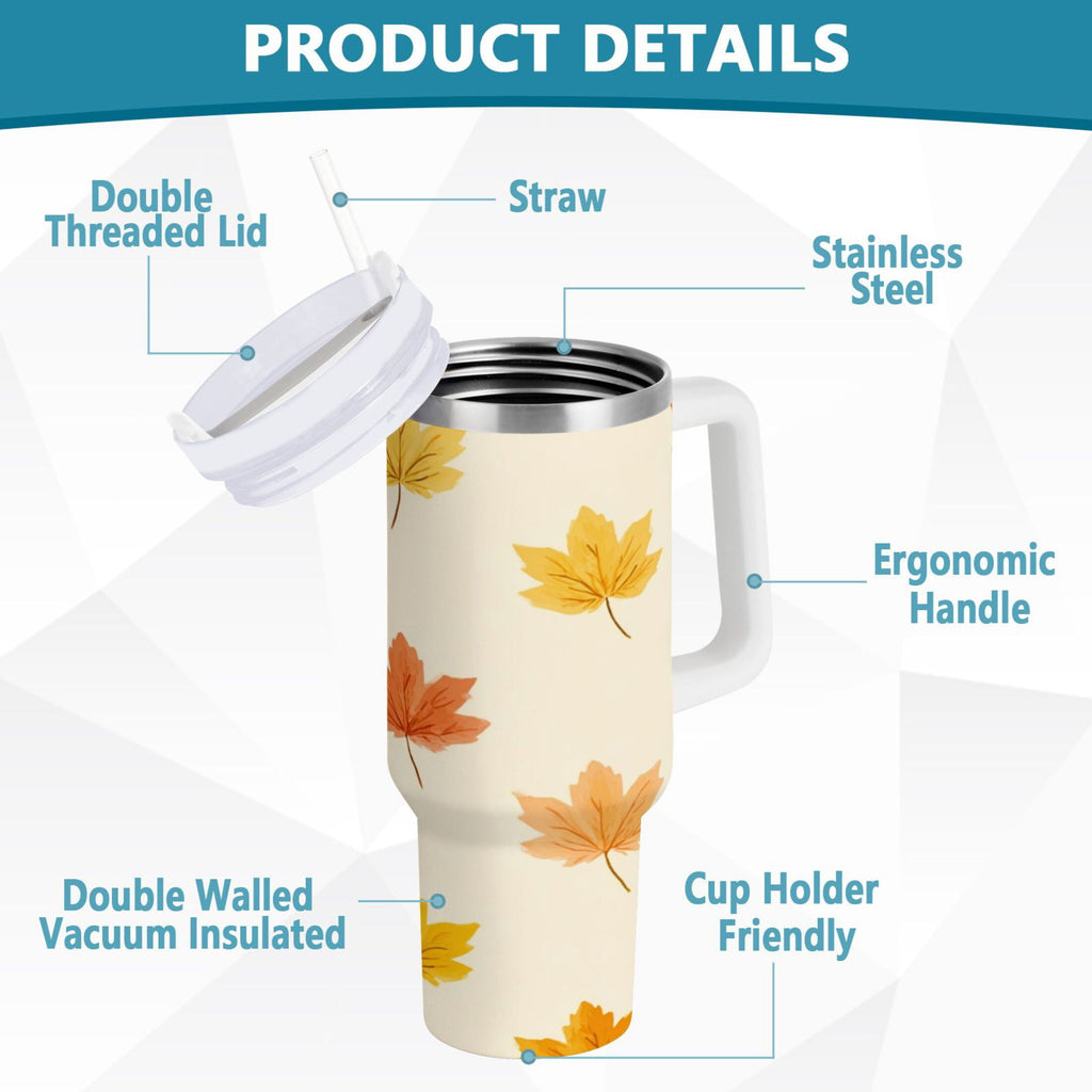40 oz Insulated Stainless Steel Tumbler Double Wall Stainless Steel Tumbler with 2-Way Drinking Yellow Maple Leaves Pattern - 002O