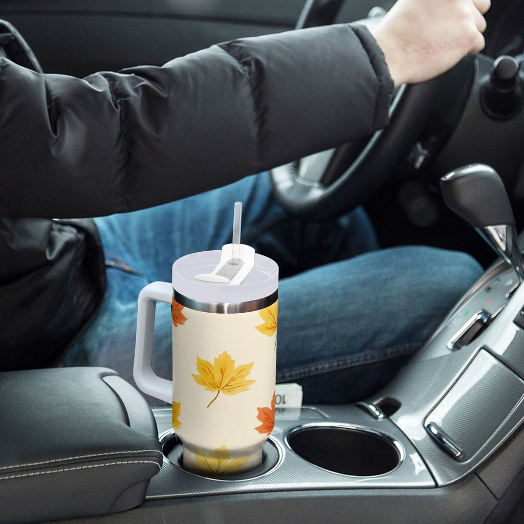 40 oz Insulated Stainless Steel Tumbler Double Wall Stainless Steel Tumbler with 2-Way Drinking Yellow Maple Leaves Pattern - 002O