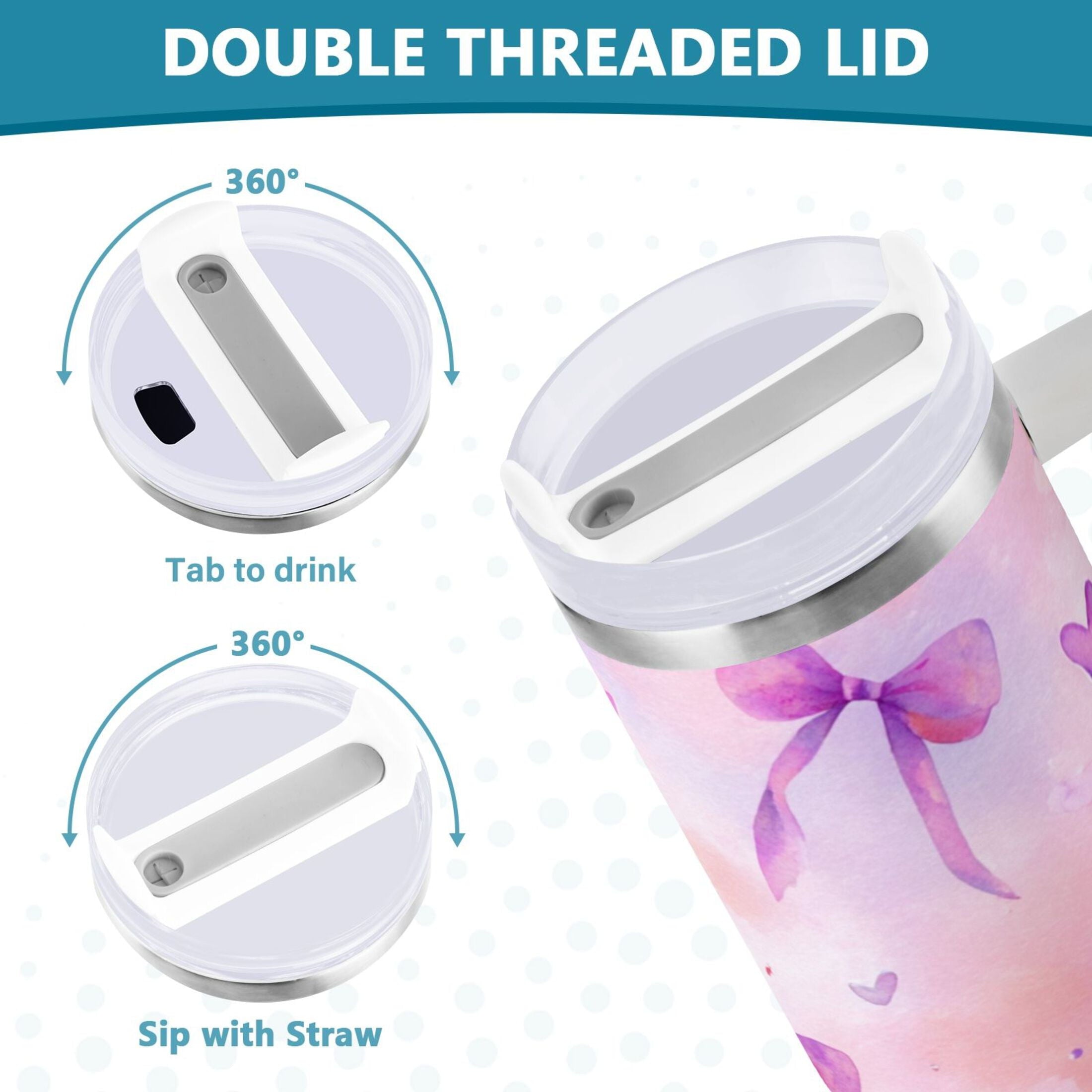 30 oz Insulated Stainless Steel Tumbler Double Wall Stainless Steel Tumbler with 2-Way Drinking Watercolor Purple Bows - MCPD
