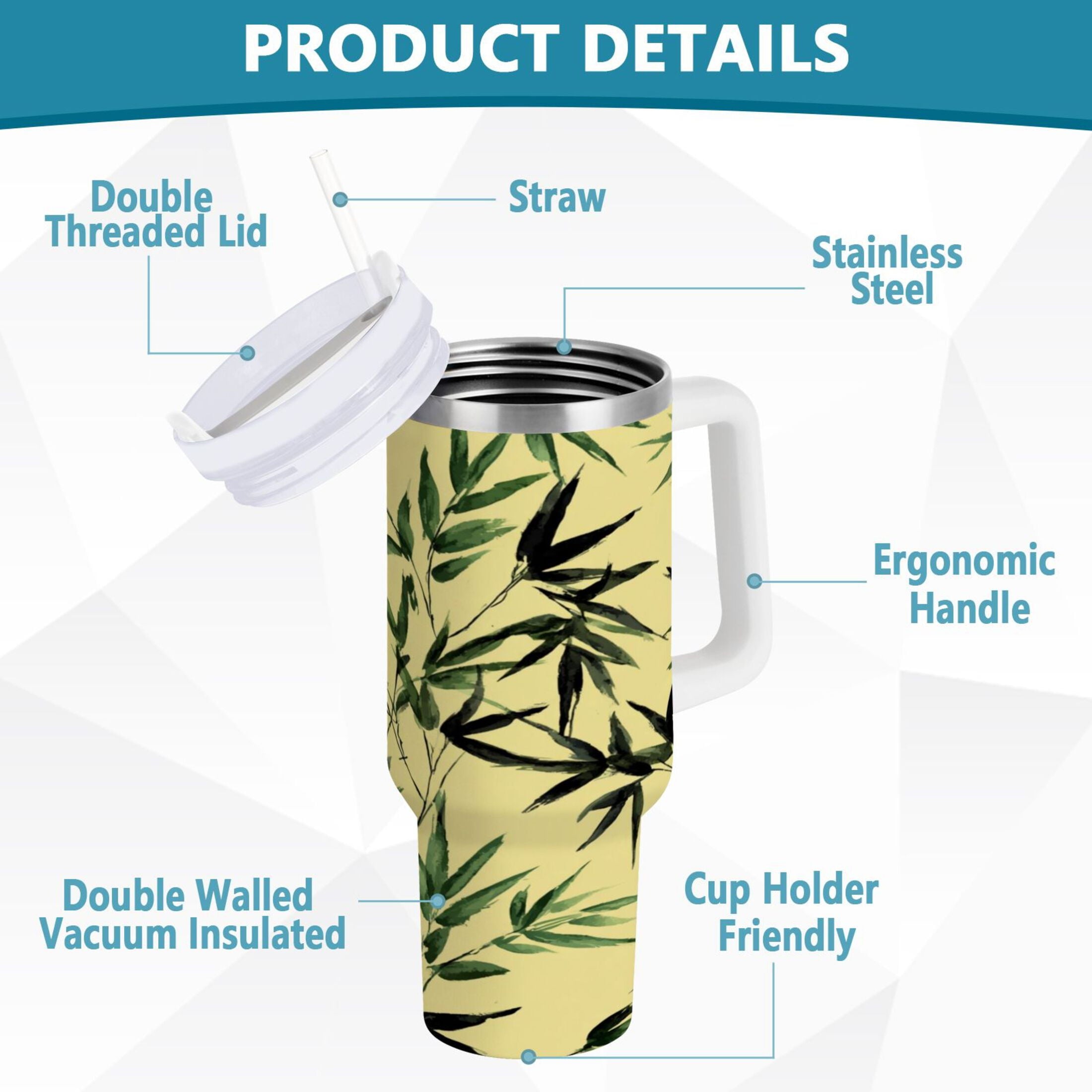 30 oz Insulated Stainless Steel Tumbler Double Wall Stainless Steel Tumbler with 2-Way Drinking Bamboo and Green Leaves - X1QJ