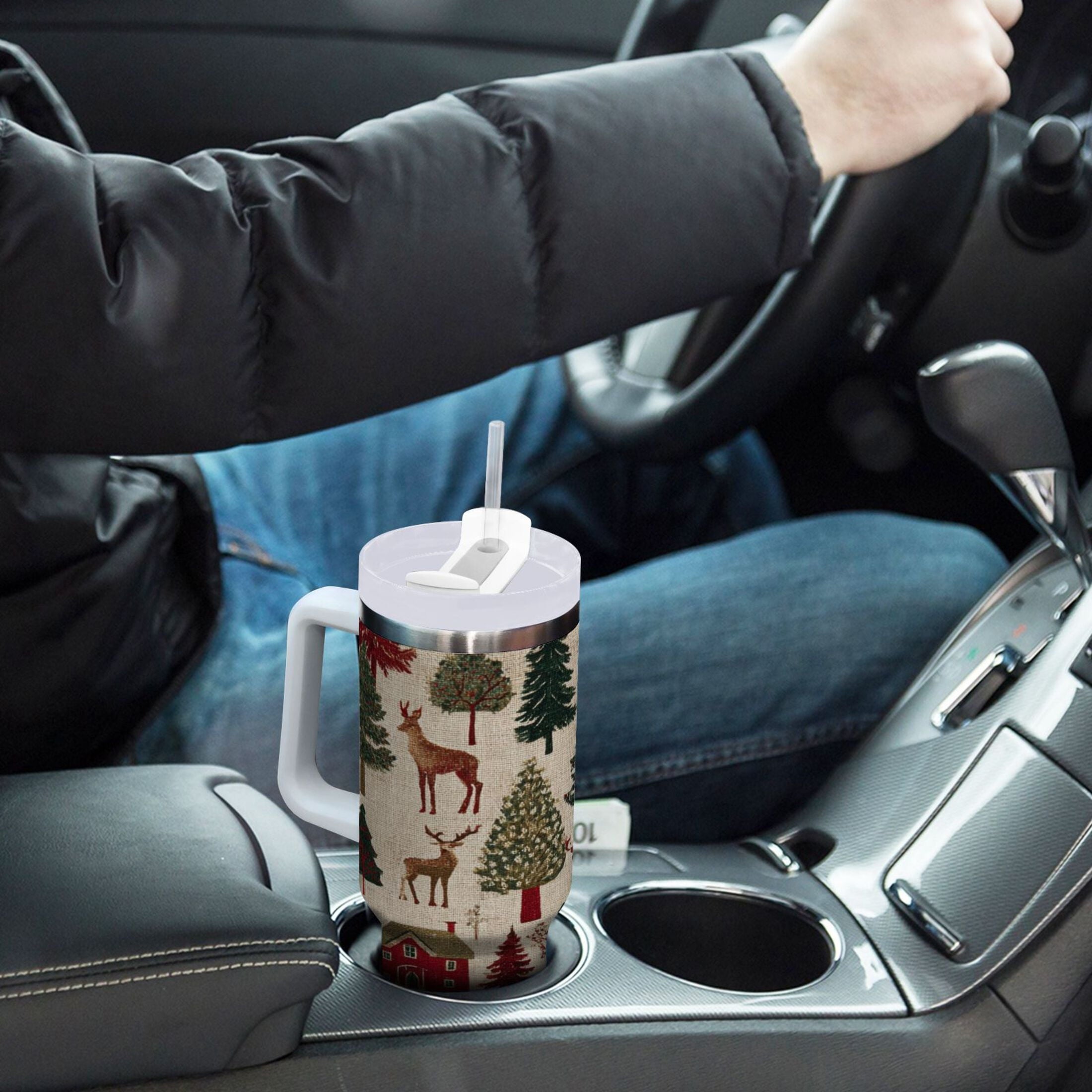 30 oz Insulated Stainless Steel Tumbler Double Wall Stainless Steel Tumbler with 2-Way Drinking Christmas Trees Deer and Houses - NPZW