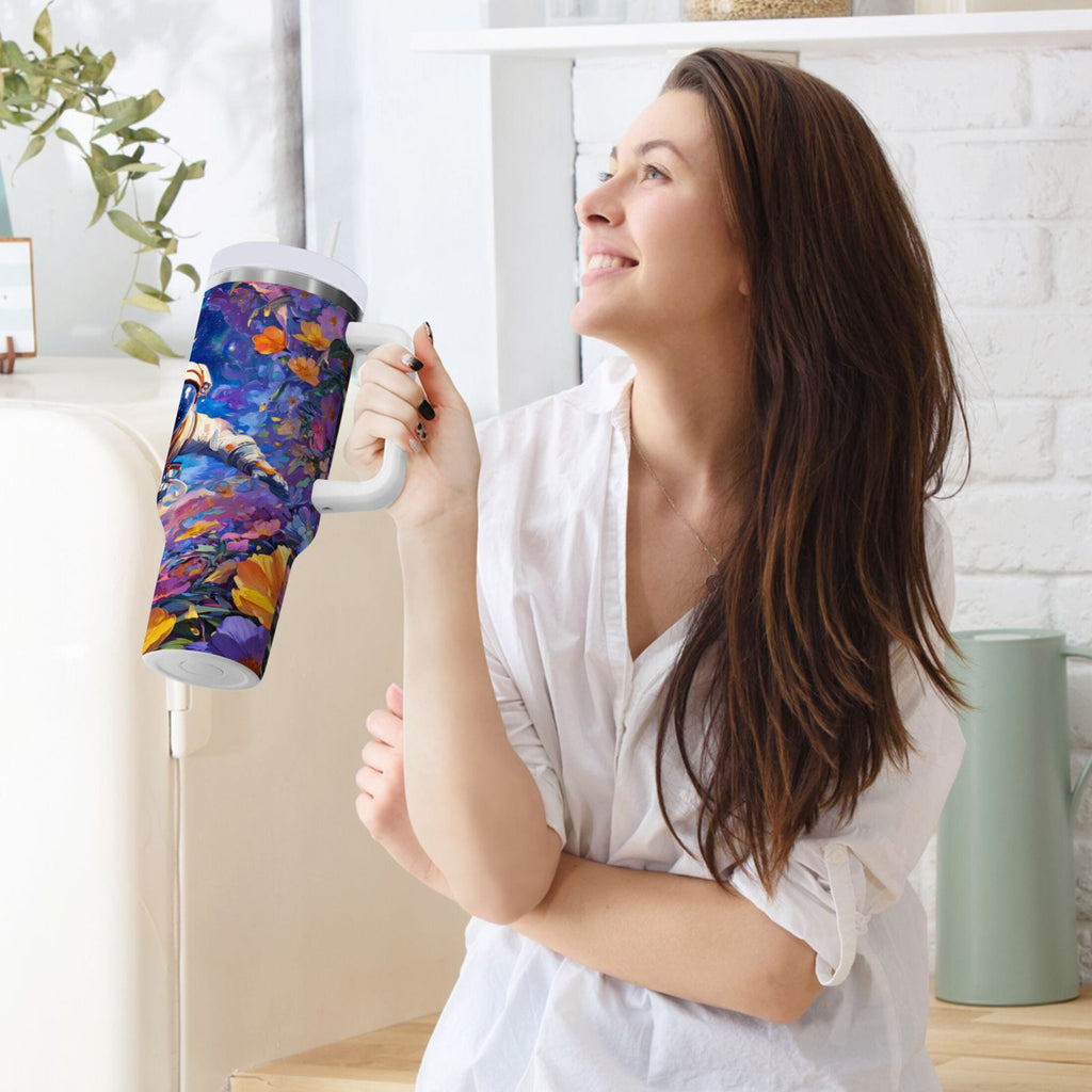 40 oz Insulated Stainless Steel Tumbler Double Wall Stainless Steel Tumbler with 2-Way Drinking Astronaut and Colorful Flowers - QD6W