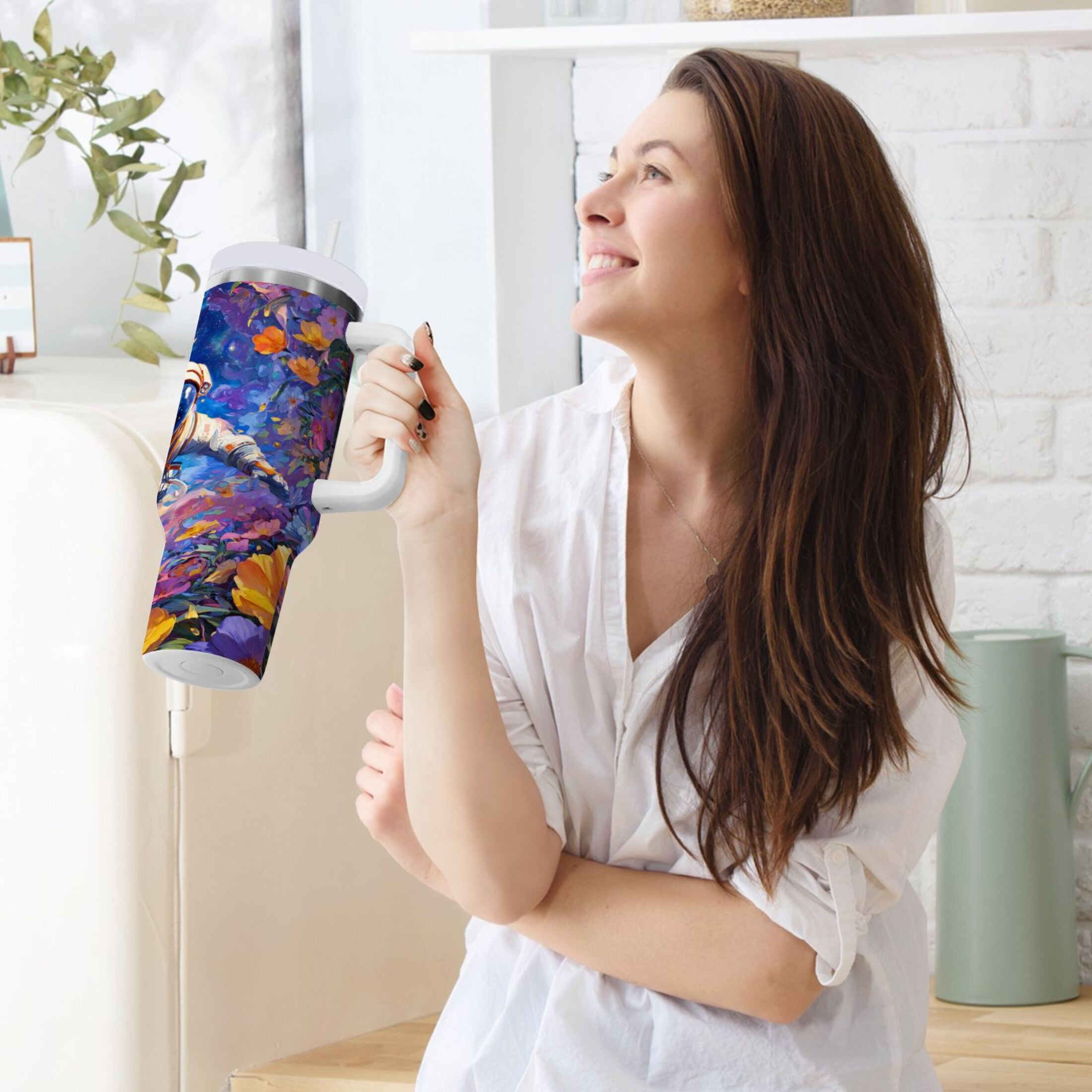 40 oz Insulated Stainless Steel Tumbler Double Wall Stainless Steel Tumbler with 2-Way Drinking Astronaut and Colorful Flowers - QD6W