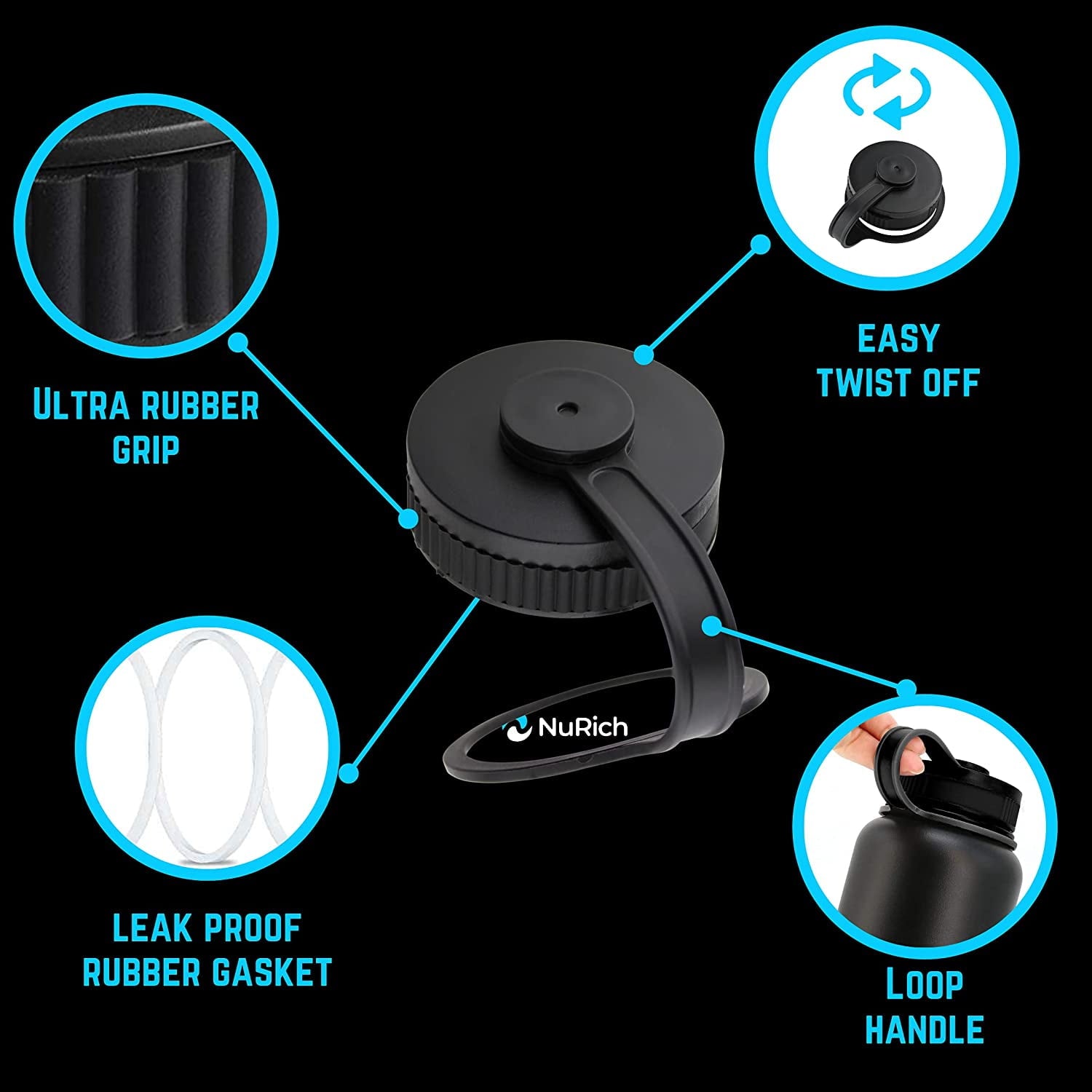 NuRich Loop Top Lid for Wide Mouth Hydro Flask, Nalgene &amp; Simple Water Bottles - V5Z5