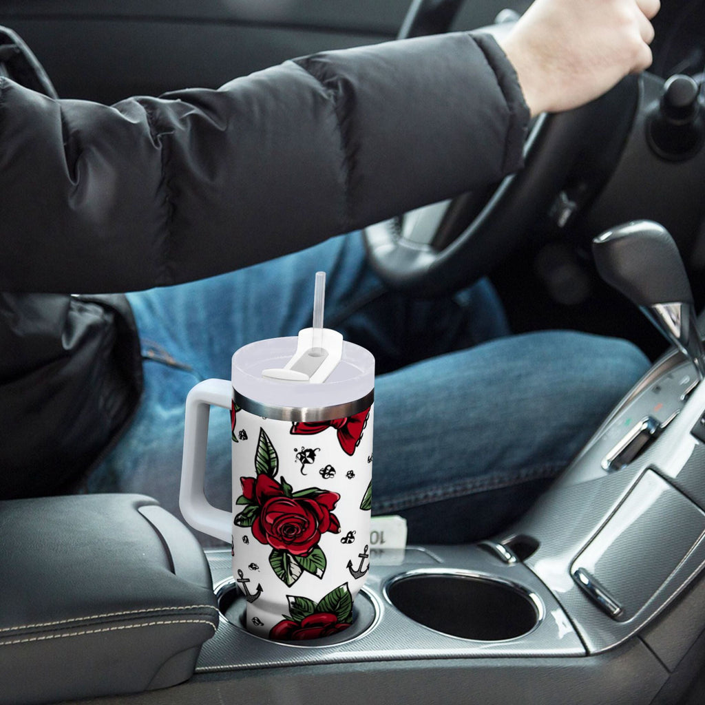 40 oz Insulated Stainless Steel Tumbler Double Wall Stainless Steel Tumbler with 2-Way Drinking Red Roses and Cherries - 27II