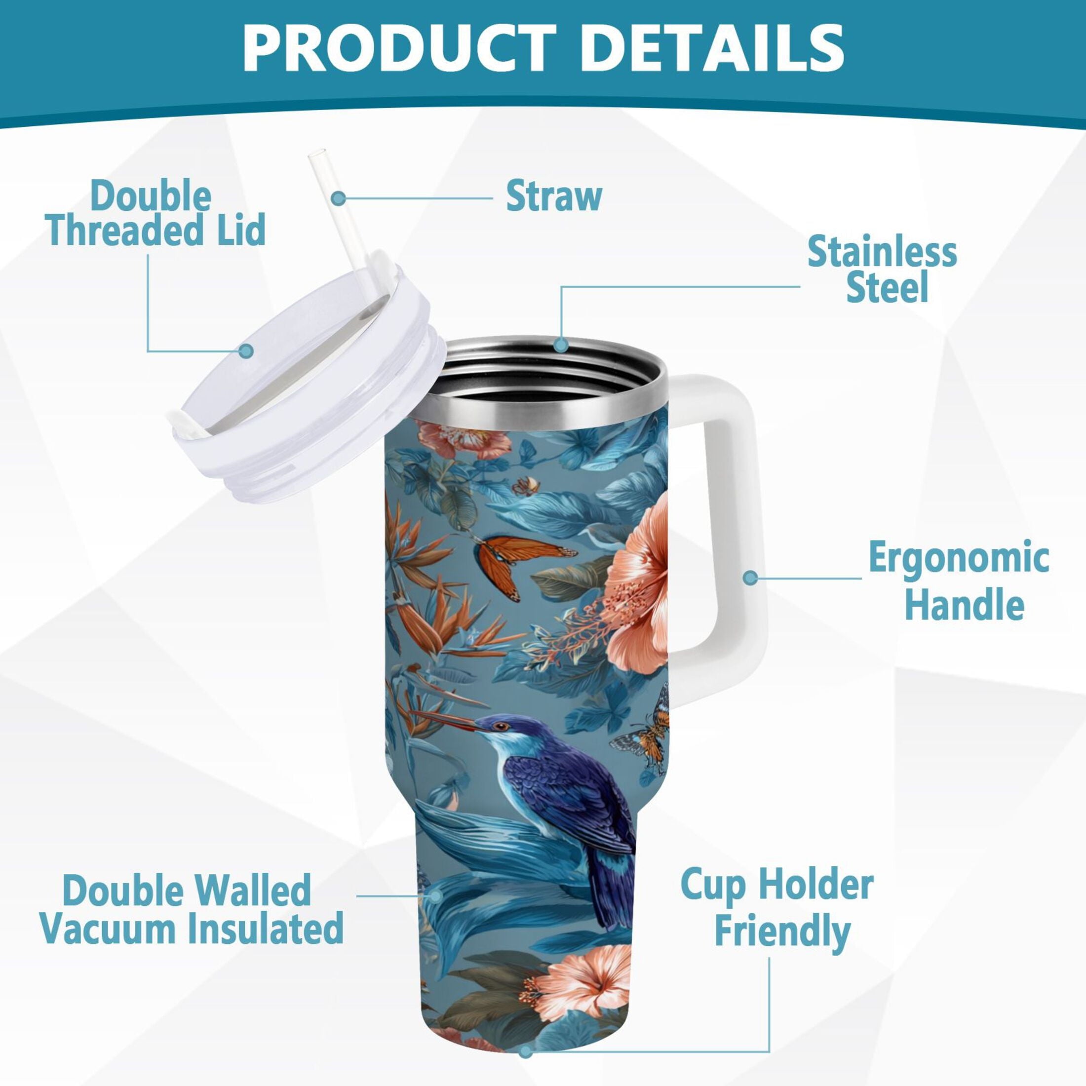 30 oz Insulated Stainless Steel Tumbler Double Wall Stainless Steel Tumbler with 2-Way Drinking Birds and Flowers - N6J0