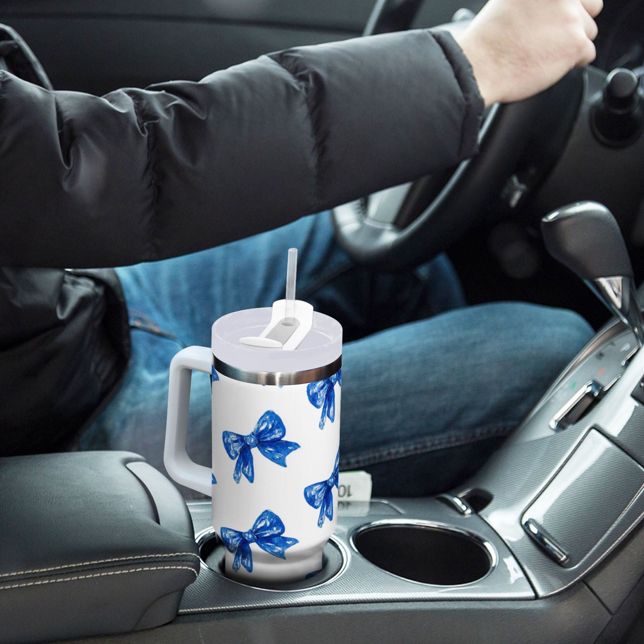 30 oz Insulated Stainless Steel Tumbler Double Wall Stainless Steel Tumbler with 2-Way Drinking Blue Bows Pattern - V80H