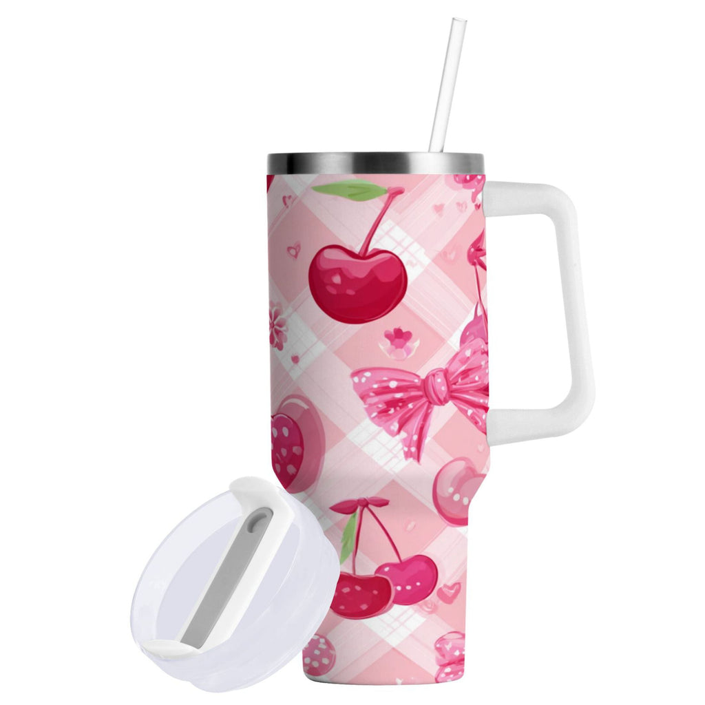 30 oz Insulated Stainless Steel Tumbler Double Wall Stainless Steel Tumbler with 2-Way Drinking Cherry and Pink Bow Pattern - GF7C