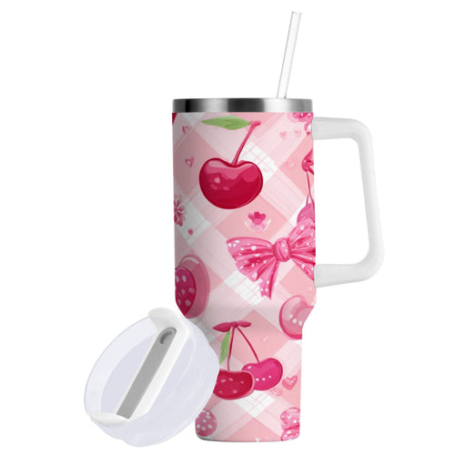 30 oz Insulated Stainless Steel Tumbler Double Wall Stainless Steel Tumbler with 2-Way Drinking Cherry and Pink Bow Pattern - GF7C