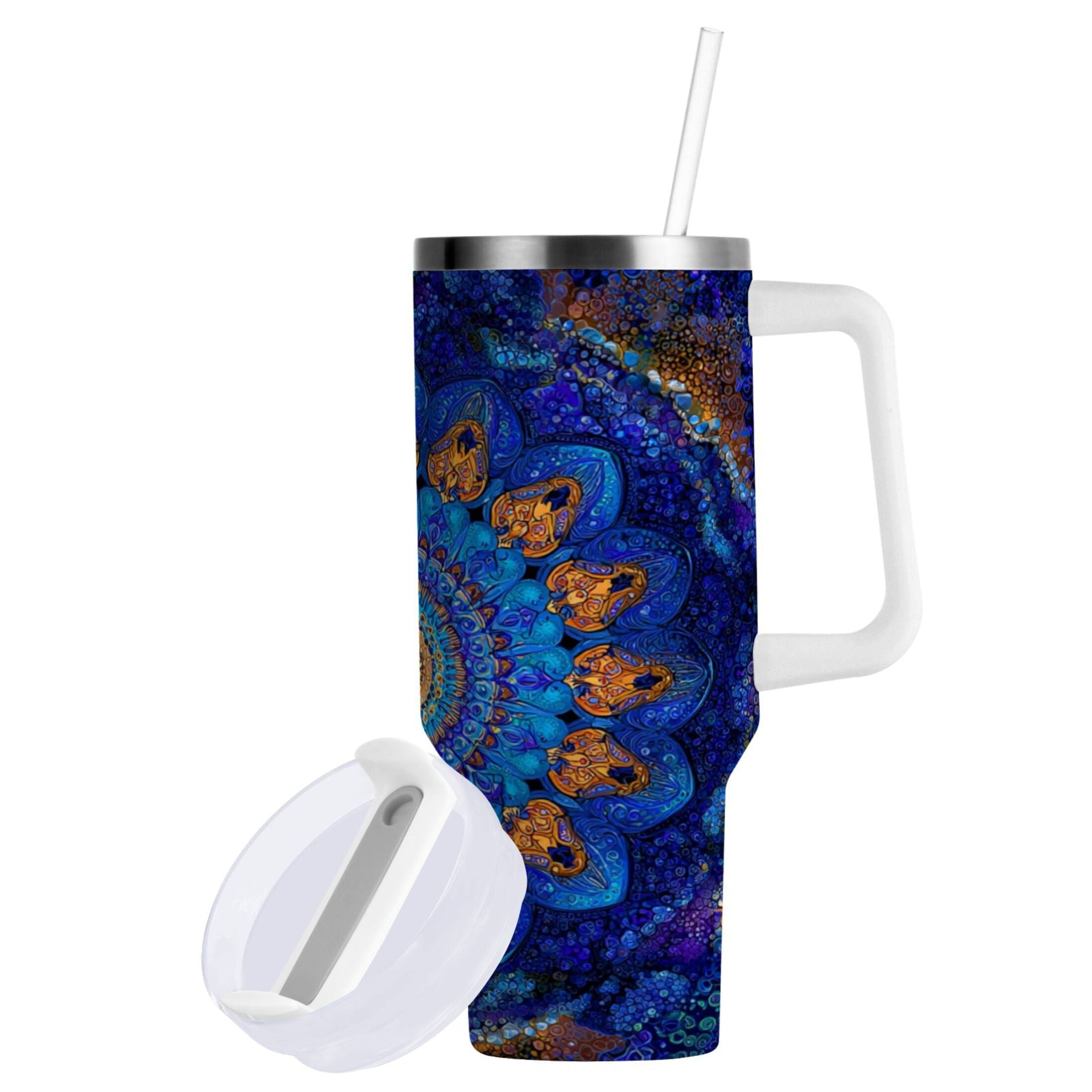 30 oz Insulated Stainless Steel Tumbler Double Wall Stainless Steel Tumbler with 2-Way Drinking Blue Kaleidoscopic Pattern - OO94