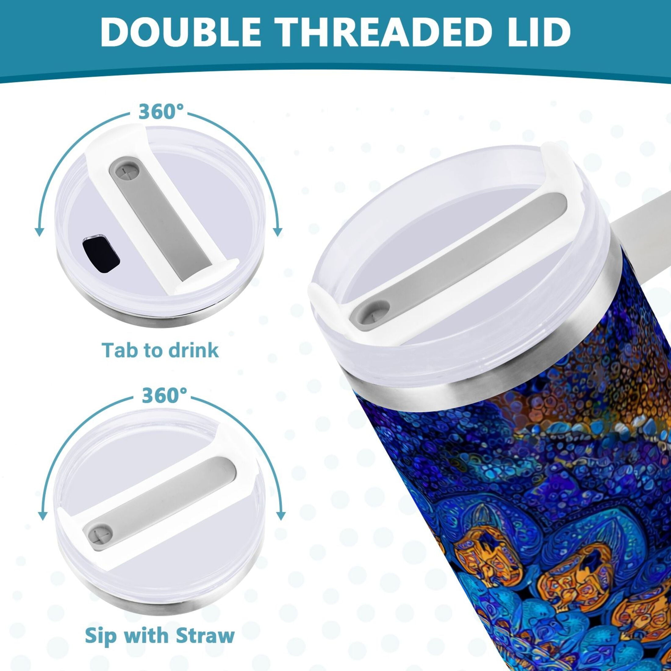 30 oz Insulated Stainless Steel Tumbler Double Wall Stainless Steel Tumbler with 2-Way Drinking Blue Kaleidoscopic Pattern - OO94