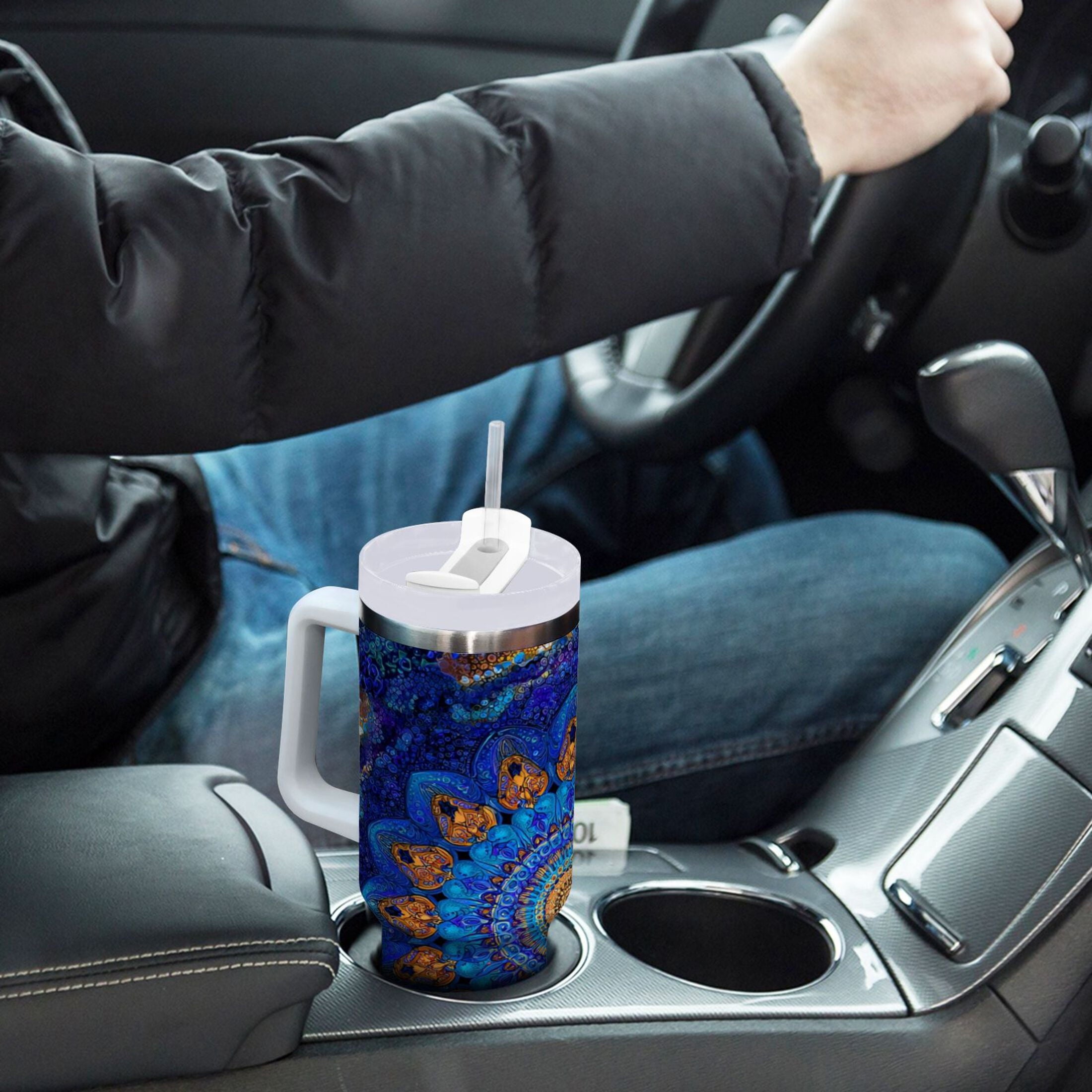 30 oz Insulated Stainless Steel Tumbler Double Wall Stainless Steel Tumbler with 2-Way Drinking Blue Kaleidoscopic Pattern - OO94