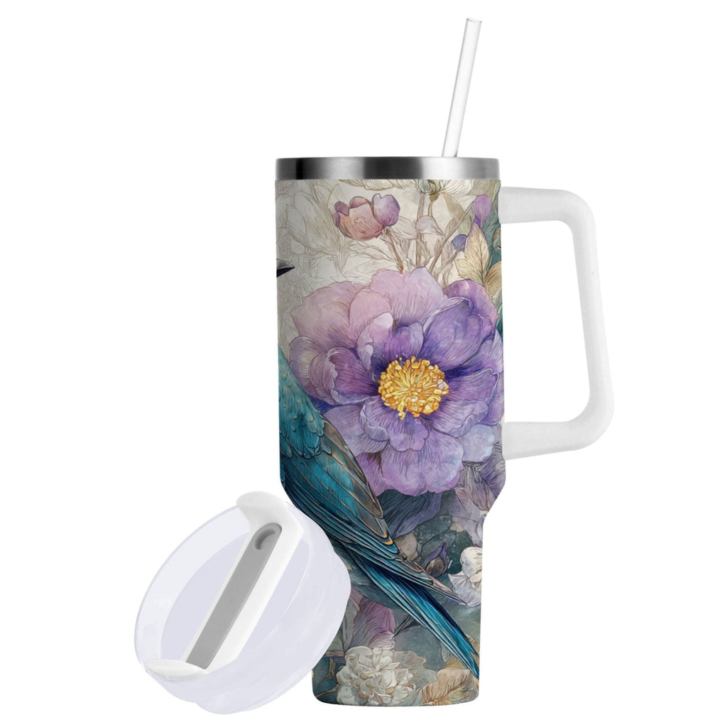 30 oz Insulated Stainless Steel Tumbler Double Wall Stainless Steel Tumbler with 2-Way Drinking Bluebird and Flower - VS42