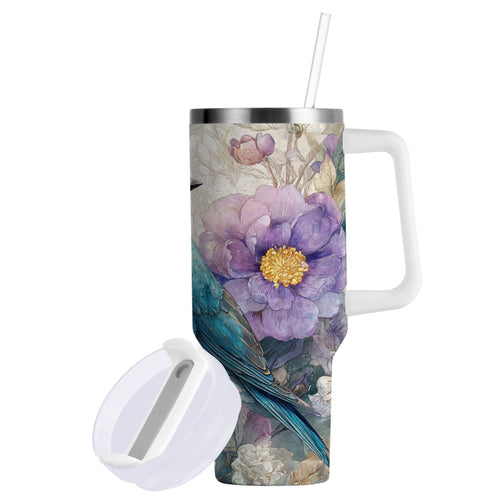 30 oz Insulated Stainless Steel Tumbler Double Wall Stainless Steel Tumbler with 2-Way Drinking Bluebird and Flower - VS42