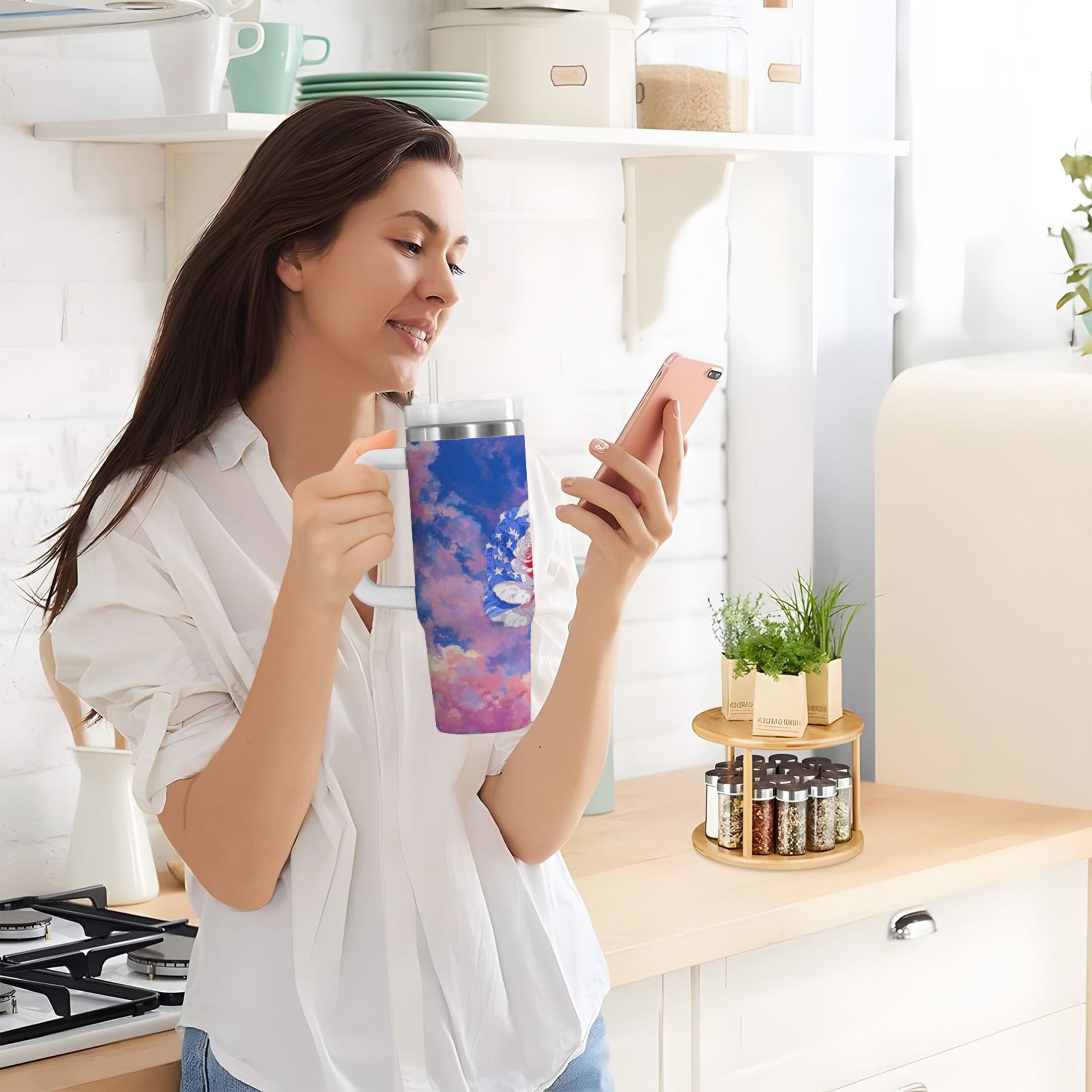 30 oz Insulated Stainless Steel Tumbler Double Wall Stainless Steel Tumbler with 2-Way Drinking Rose with Flag Pattern - JEPP