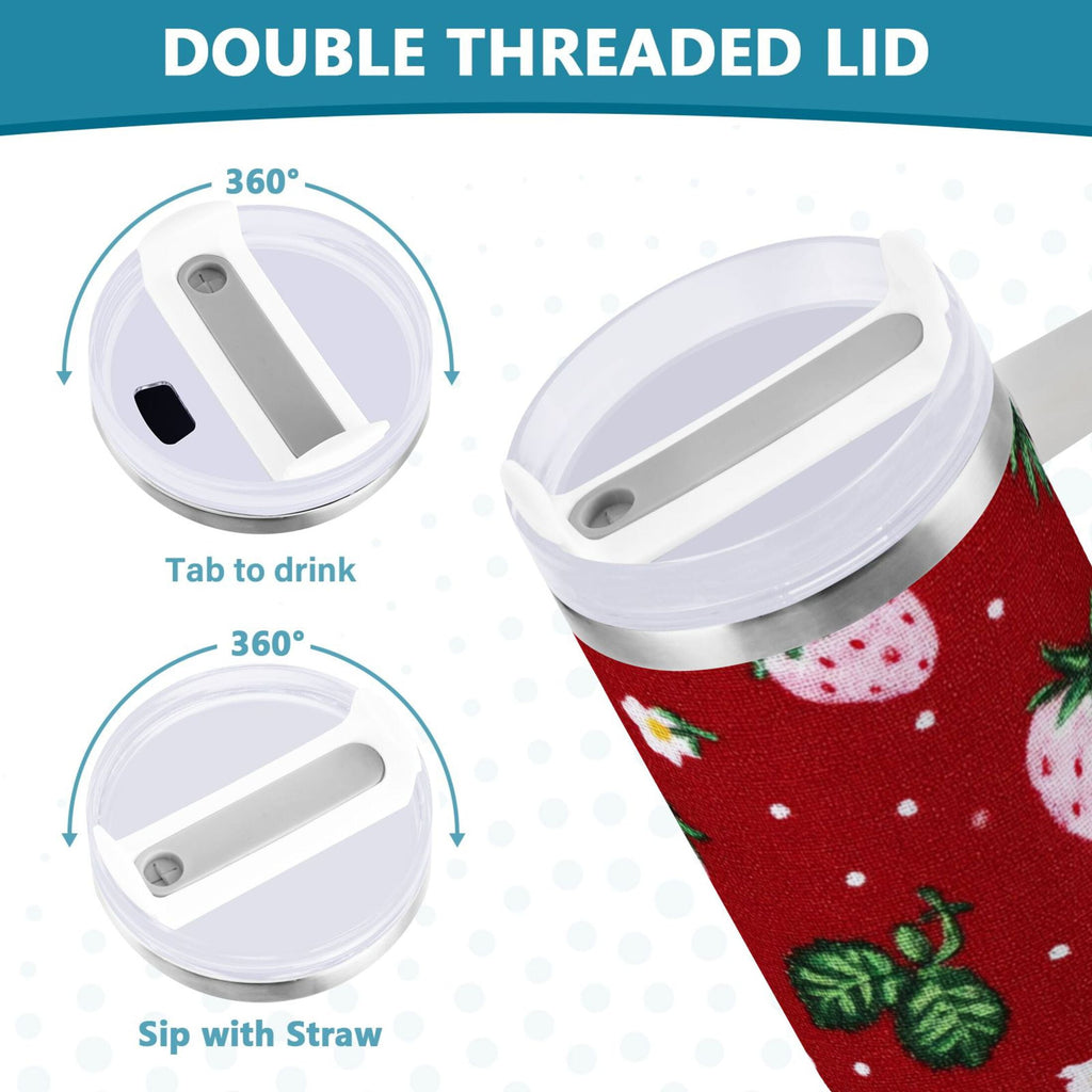 30 oz Insulated Stainless Steel Tumbler Double Wall Stainless Steel Tumbler with 2-Way Drinking Cute Pink Strawberry Pattern - PUNO
