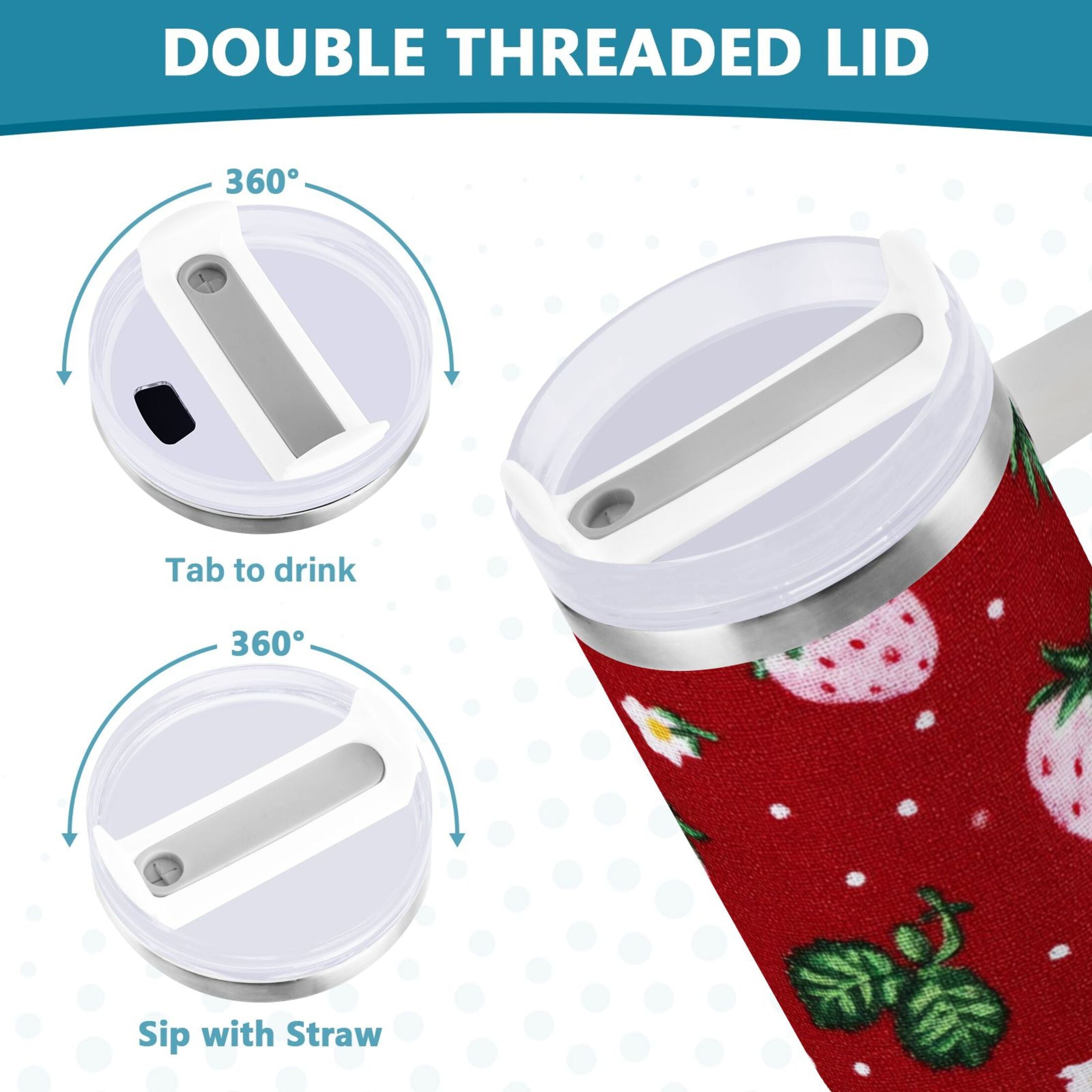 30 oz Insulated Stainless Steel Tumbler Double Wall Stainless Steel Tumbler with 2-Way Drinking Cute Pink Strawberry Pattern - PUNO