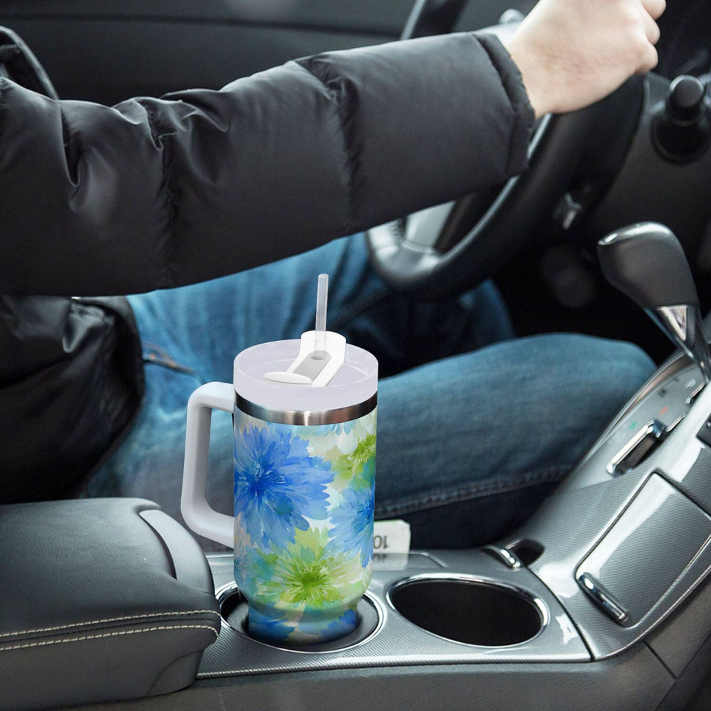40 oz Insulated Stainless Steel Tumbler Double Wall Stainless Steel Tumbler with 2-Way Drinking Watercolor Blue Cornflowers - C472