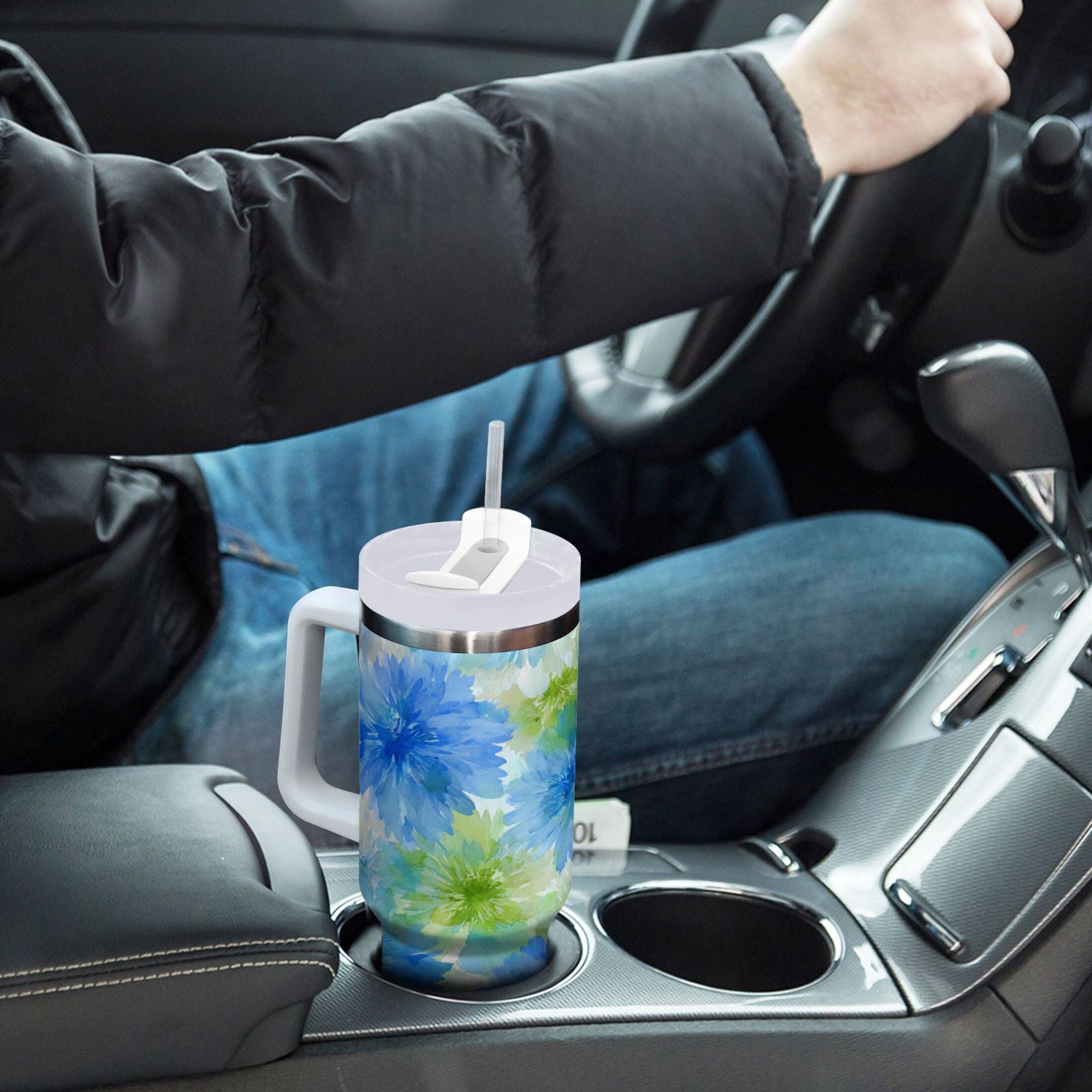 40 oz Insulated Stainless Steel Tumbler Double Wall Stainless Steel Tumbler with 2-Way Drinking Watercolor Blue Cornflowers - C472
