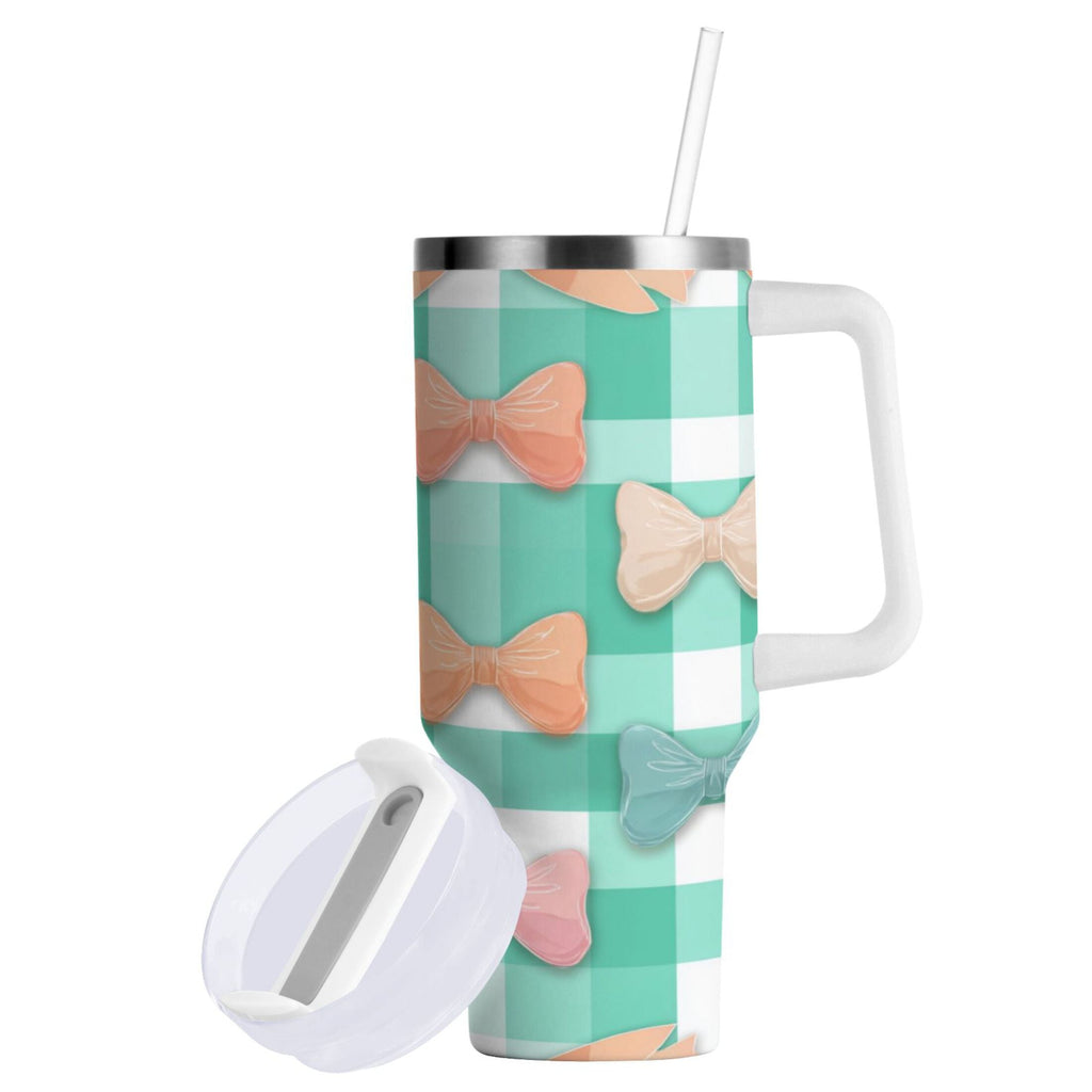 40 oz Insulated Stainless Steel Tumbler Double Wall Stainless Steel Tumbler with 2-Way Drinking Pastel Green and Peach Bows - PIDY
