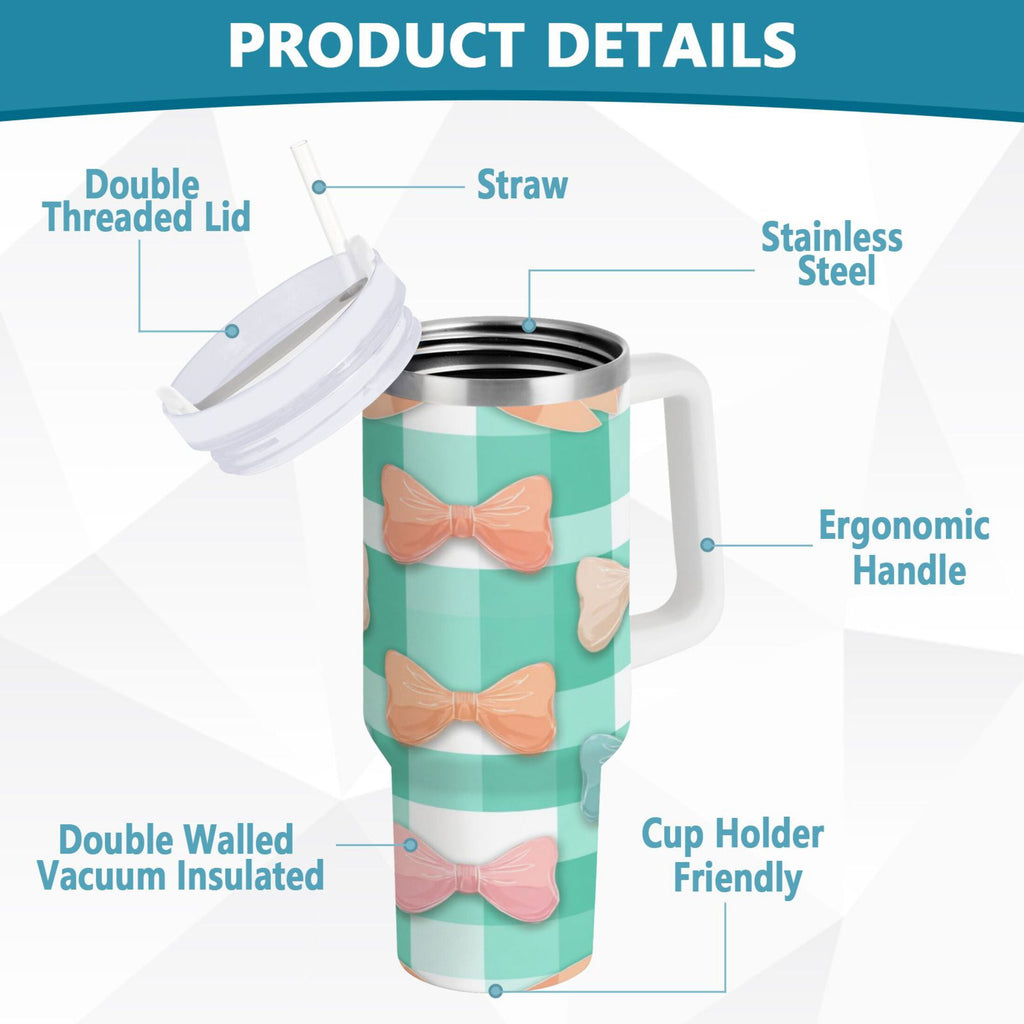 40 oz Insulated Stainless Steel Tumbler Double Wall Stainless Steel Tumbler with 2-Way Drinking Pastel Green and Peach Bows - PIDY