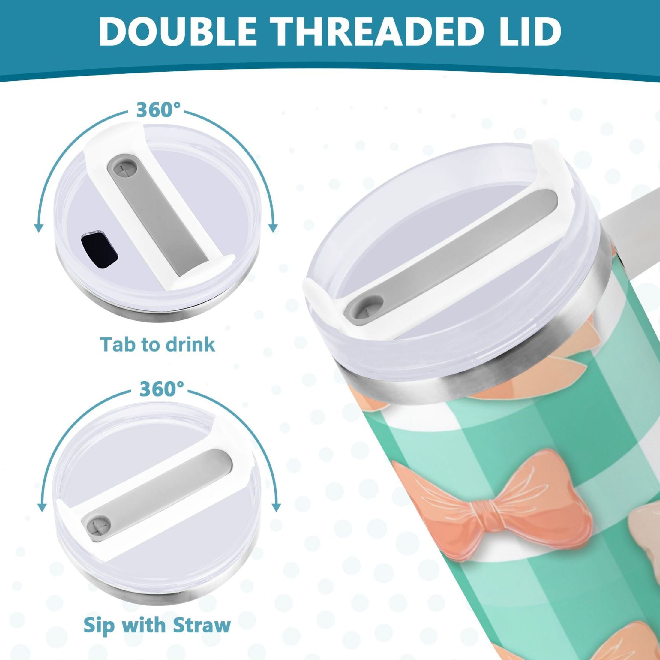 40 oz Insulated Stainless Steel Tumbler Double Wall Stainless Steel Tumbler with 2-Way Drinking Pastel Green and Peach Bows - PIDY