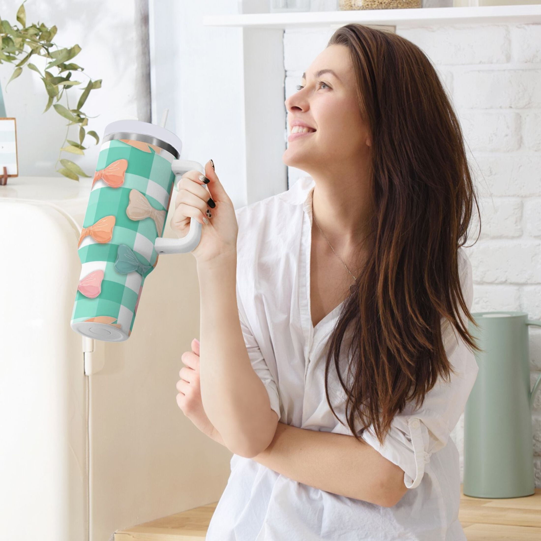 40 oz Insulated Stainless Steel Tumbler Double Wall Stainless Steel Tumbler with 2-Way Drinking Pastel Green and Peach Bows - PIDY