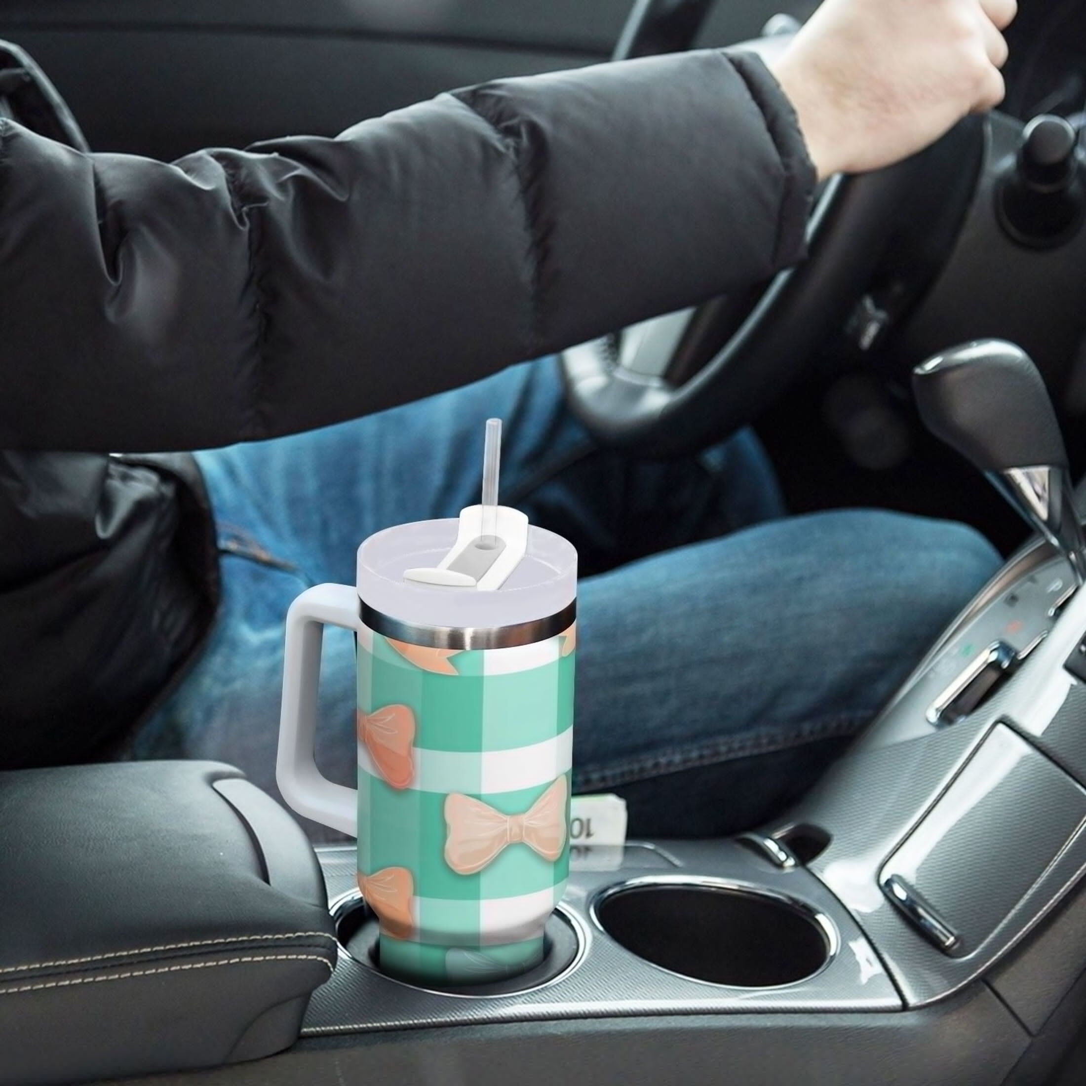 40 oz Insulated Stainless Steel Tumbler Double Wall Stainless Steel Tumbler with 2-Way Drinking Pastel Green and Peach Bows - PIDY