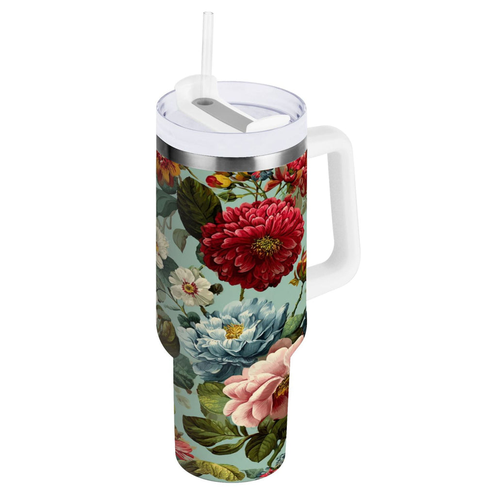40 oz Insulated Stainless Steel Tumbler Double Wall Stainless Steel Tumbler with 2-Way Drinking Floral Pattern with Roses - S02J